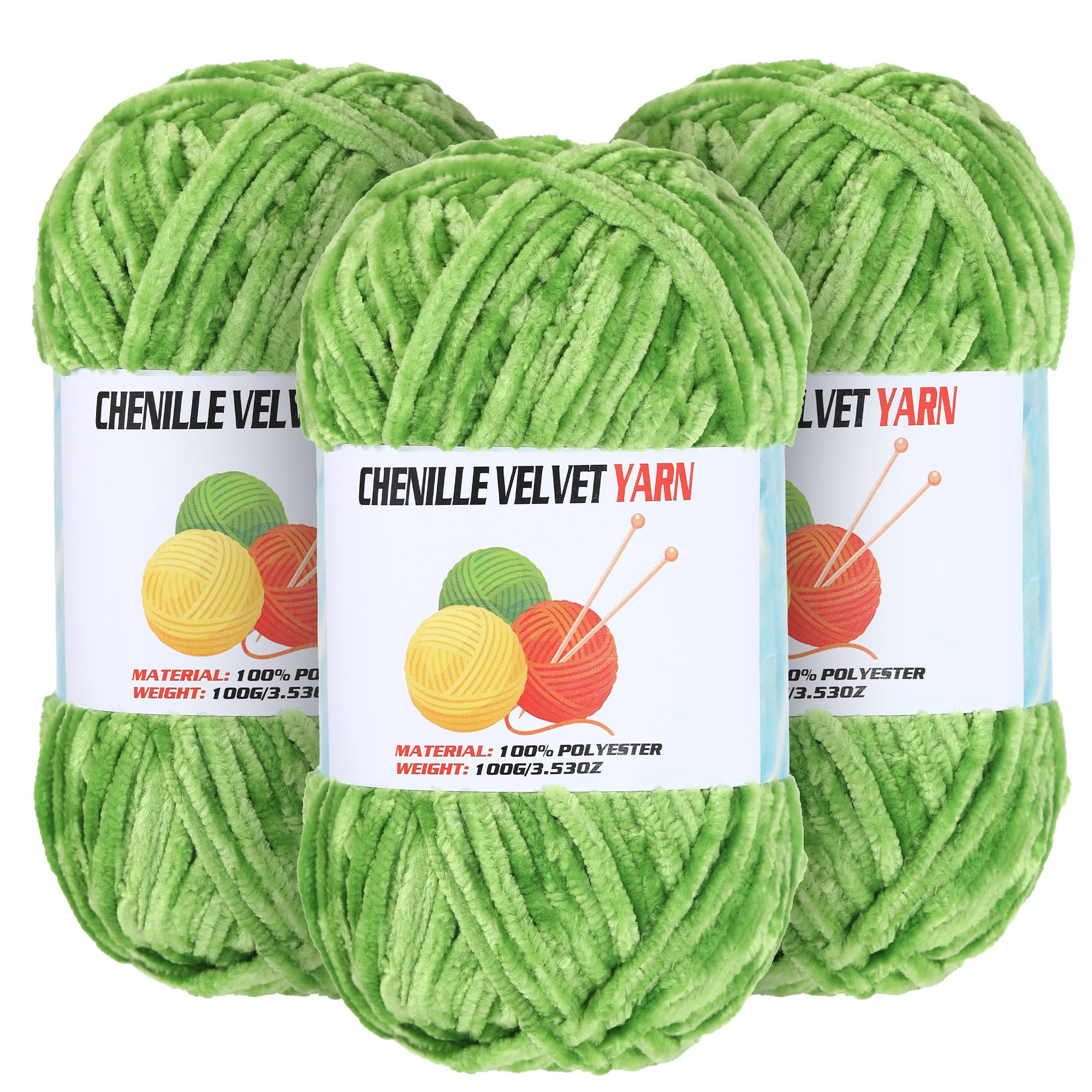 3 * 100g Velvet Chenille Chunky Yarn for Crocheting, Handcrafts Weaving Soft Chenille Yarn for Crocheting Clearance, Used for Making Baby Yarns Blanket, Clothes, Knitting Creations (Grass Green)