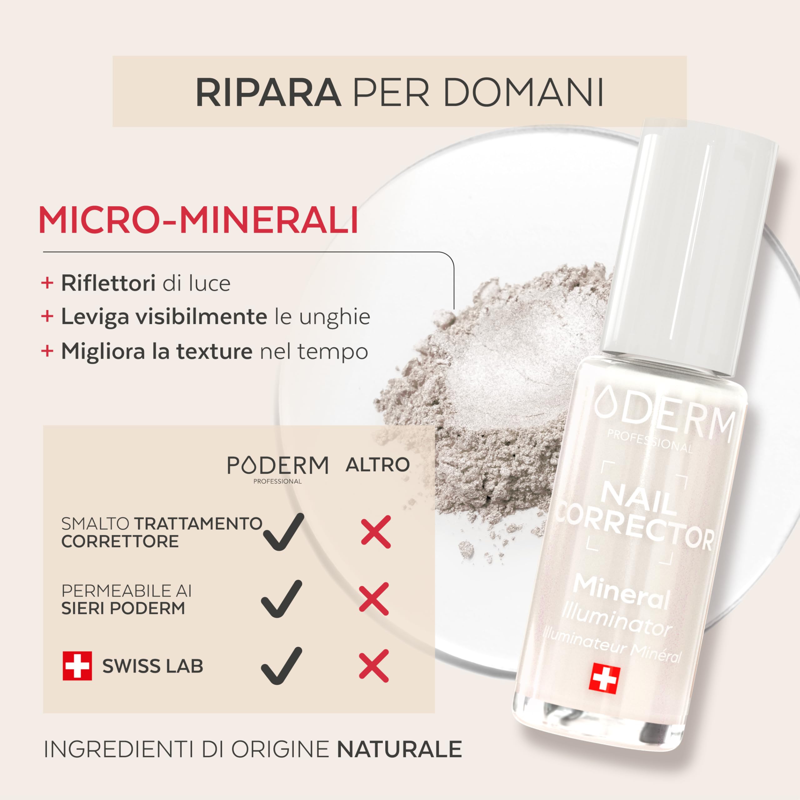 PODERM Smalto Trattamento Unghie Correttivo & Perfezionatore – Illuminante | 8 ML - Esalta Brillantezza Naturale | Micro-minerali Riflettenti Luce | Sviluppato da Podologo in Svizzera