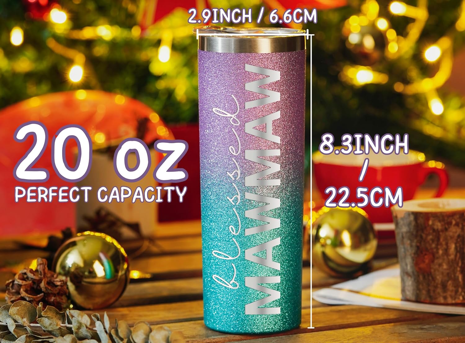 Onebttl Mawmaw Gifts for Grandma's Mother's Day, 20oz Purple & Blue Glitter Skinny Tumbler, Straw & Lid Included, Christian Gifts for Blessed Mawmaw - Image 4