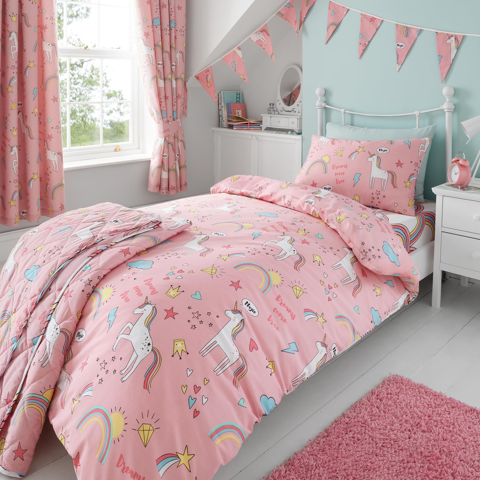 Happy Linen Company Girls Pink Kids Unicorns Rainbows Single Reversible Duvet Cover Bedding Set