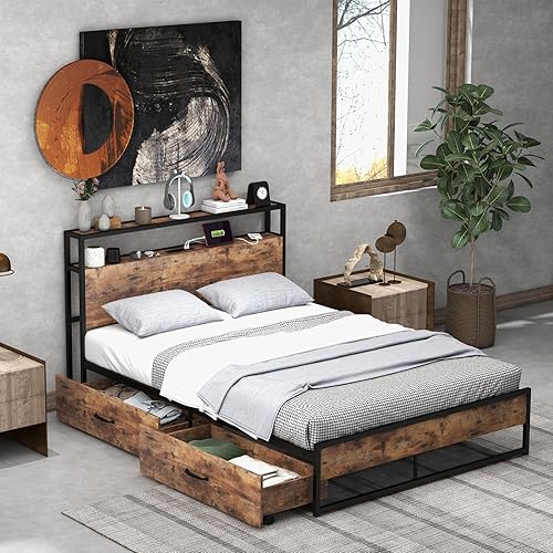 Miniatura 39 de Giantex Base de cama tamaño Queen con 4 cajones, base de cama de plataforma metálica industrial con estribo, agujeros reservados para cabecera, base