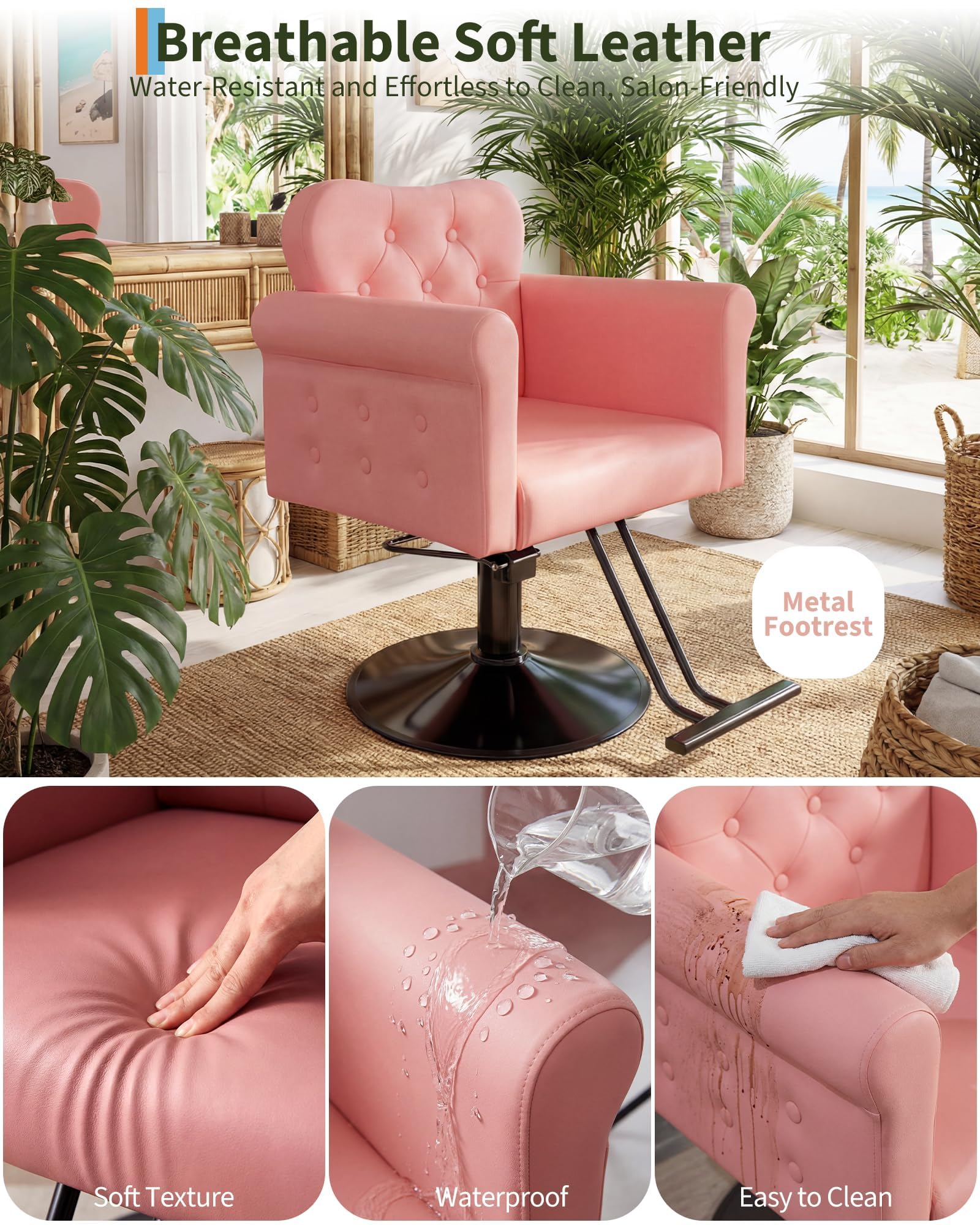 Garvee Fauteuil De Coiffeur en PU pour Styliste, Chaise De Barbier avec Pivotement, Base Ronde en Métal, Lift Hydraulique, Capacité Jusqu'à 150 kg, pour Salon De Coiffure, Spa, Maison, Rose