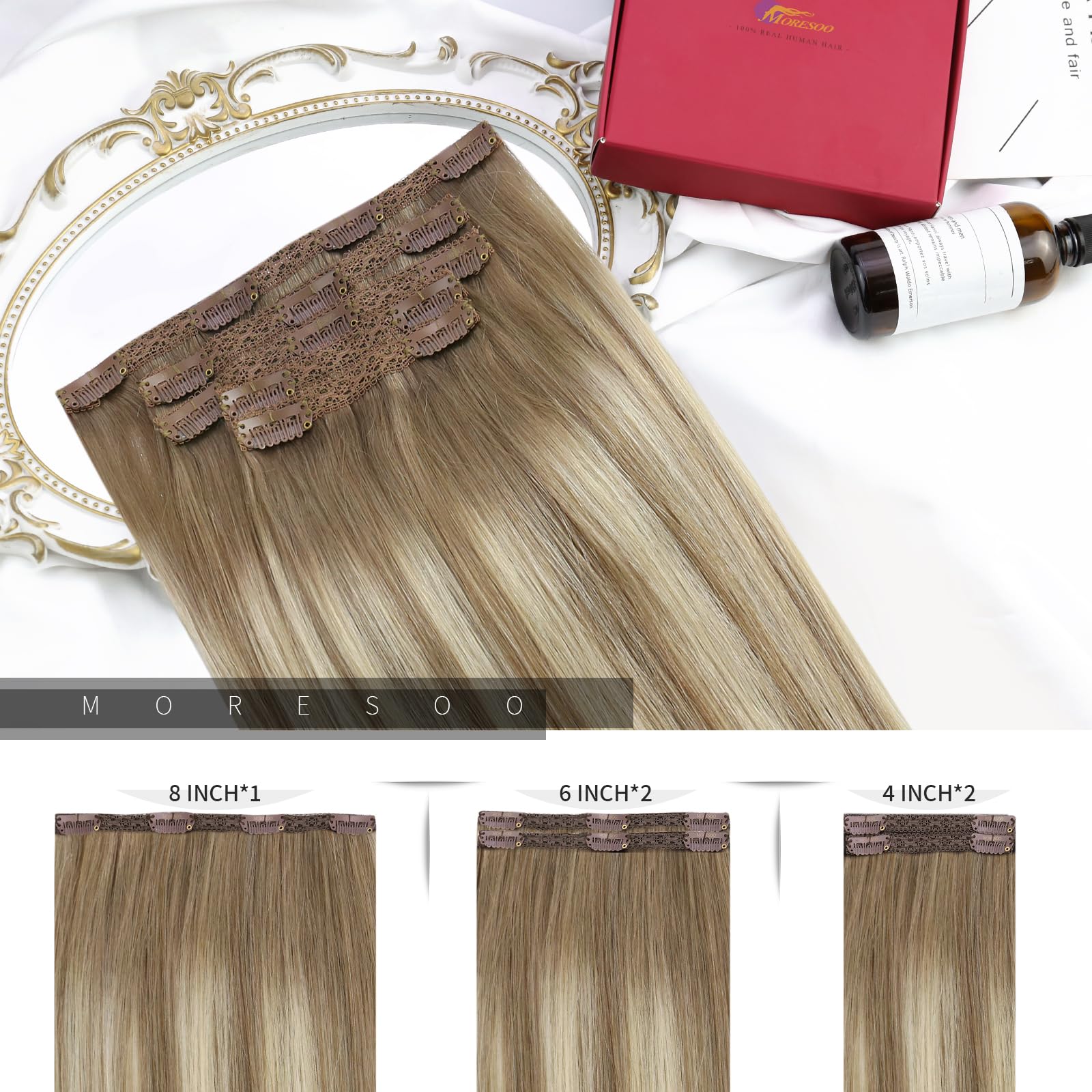 Moresoo Clip in Hair Extensions Real Human Hair 18 Inch Balayage Light Brown and Medium Blonde Clip in Human Hair Extensions Remy Straight Lightweight All Day Use 5pcs/80G #8/22/8 - Image 3