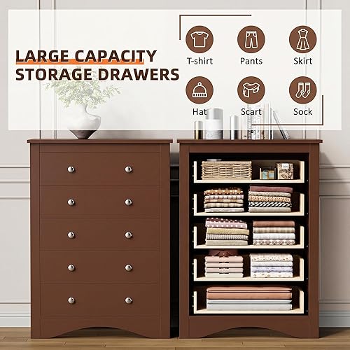 Miniatura 4 de Flamaker Cómoda alta para dormitorio, cómoda de 5 cajones, cómoda de madera, cómoda ancha, cajones de almacenamiento, organizador de almacenamiento