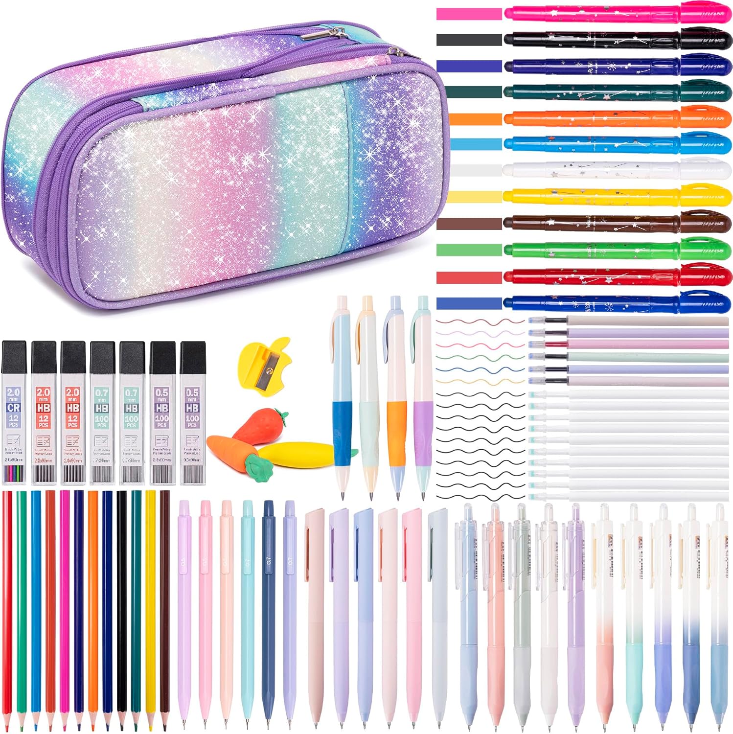 78PCS Mechanical Pencil Set 0.5, 0.7mm, 2.0mm Aesthetic School Supplies With Cute Pencil Case Pouch, 436PCS Lead Refills, 16 Gel Pens, 12 NO Bleed Highlighters Purple Green Gradient