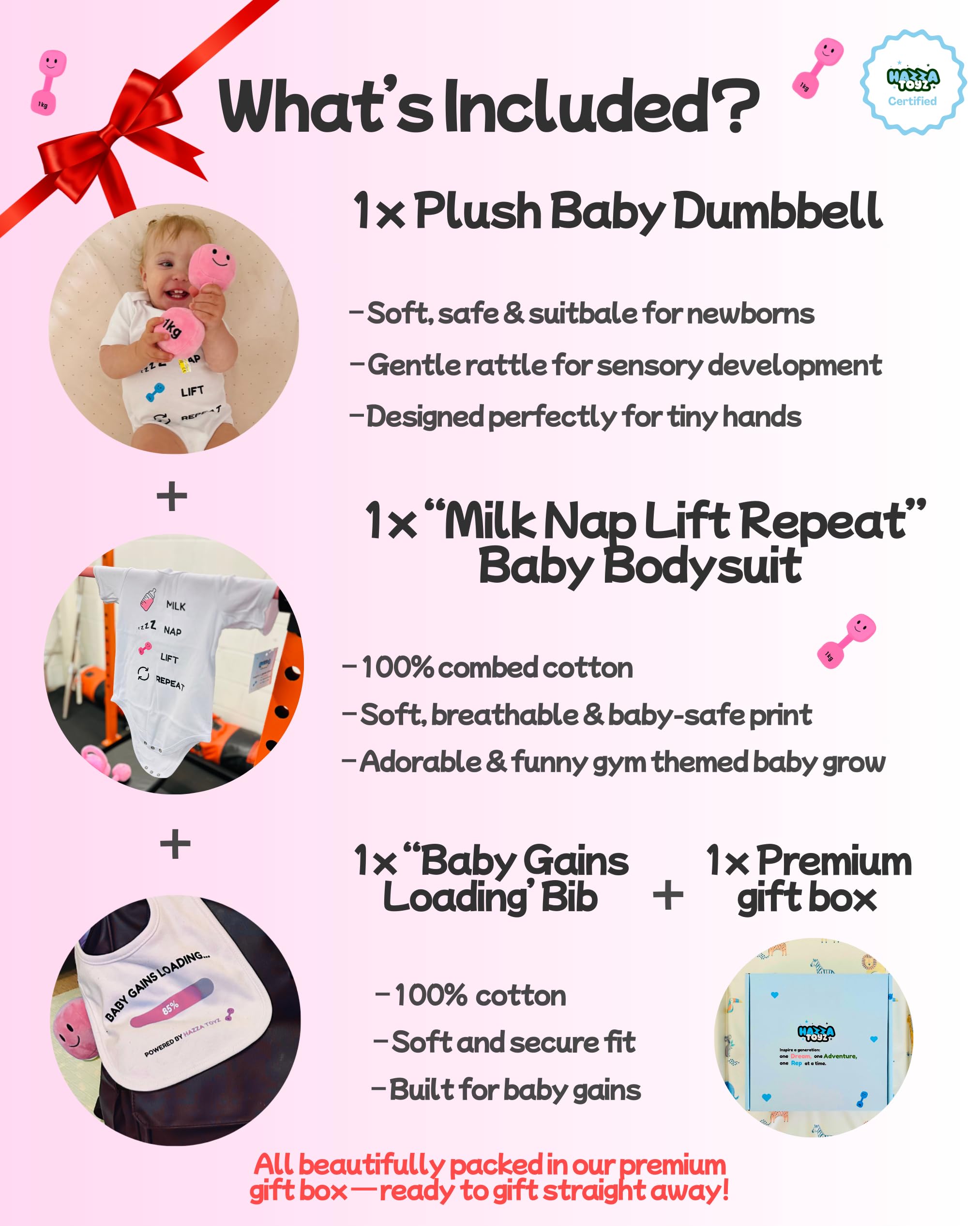 Hazza Toyz Lil Lifter Starter Set - Baby Gift Box with Plush Dumbbell Toy, Cotton Bodysuit & Bib, Candy Château Pink, 3-6 Months - Image 2