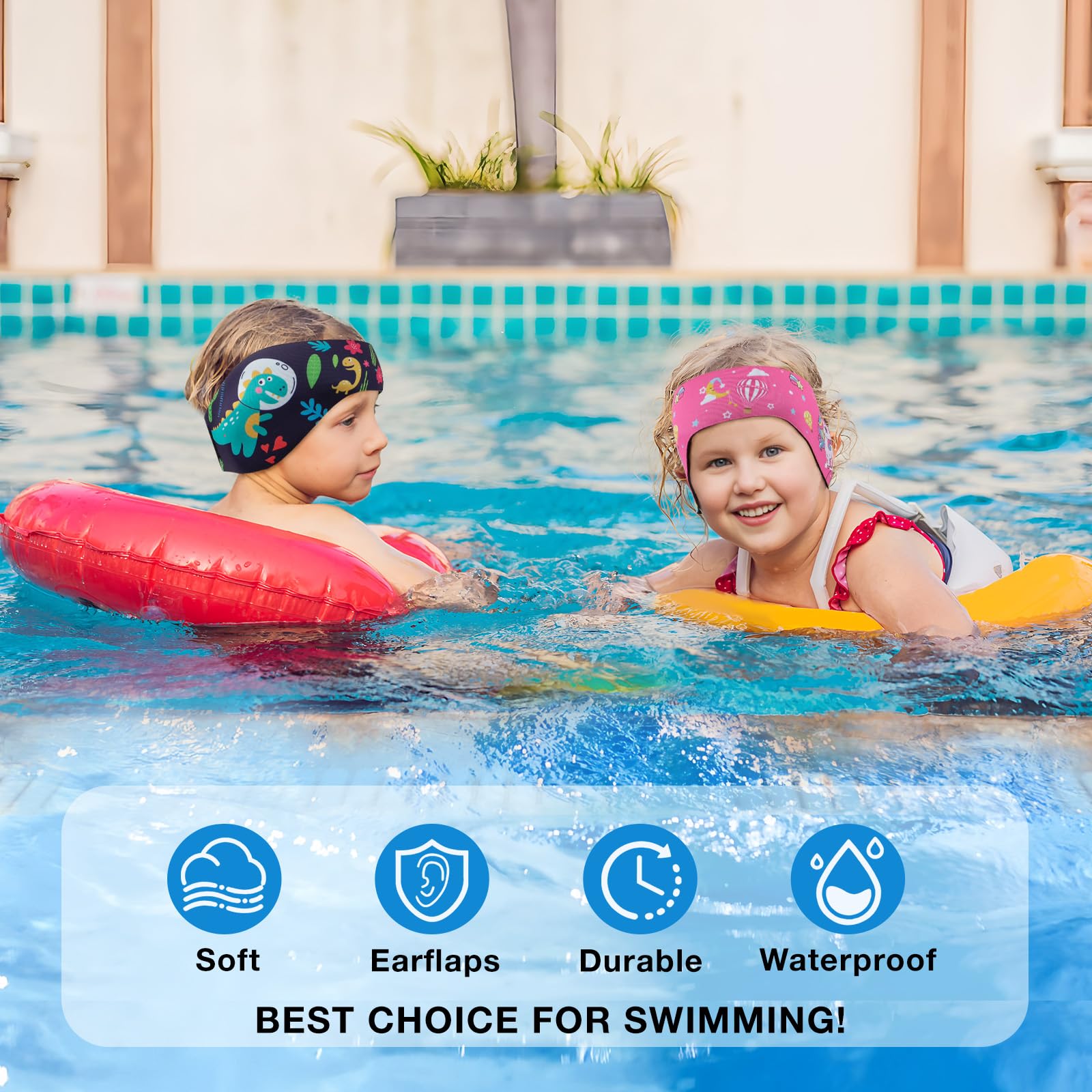 Bandeau de Natation Enfant, Bandeau Élastique avec avec Bouchons d'Oreille de Protection pour la Natation et Autres Sports Nautiques (Rose Bonbon, L)