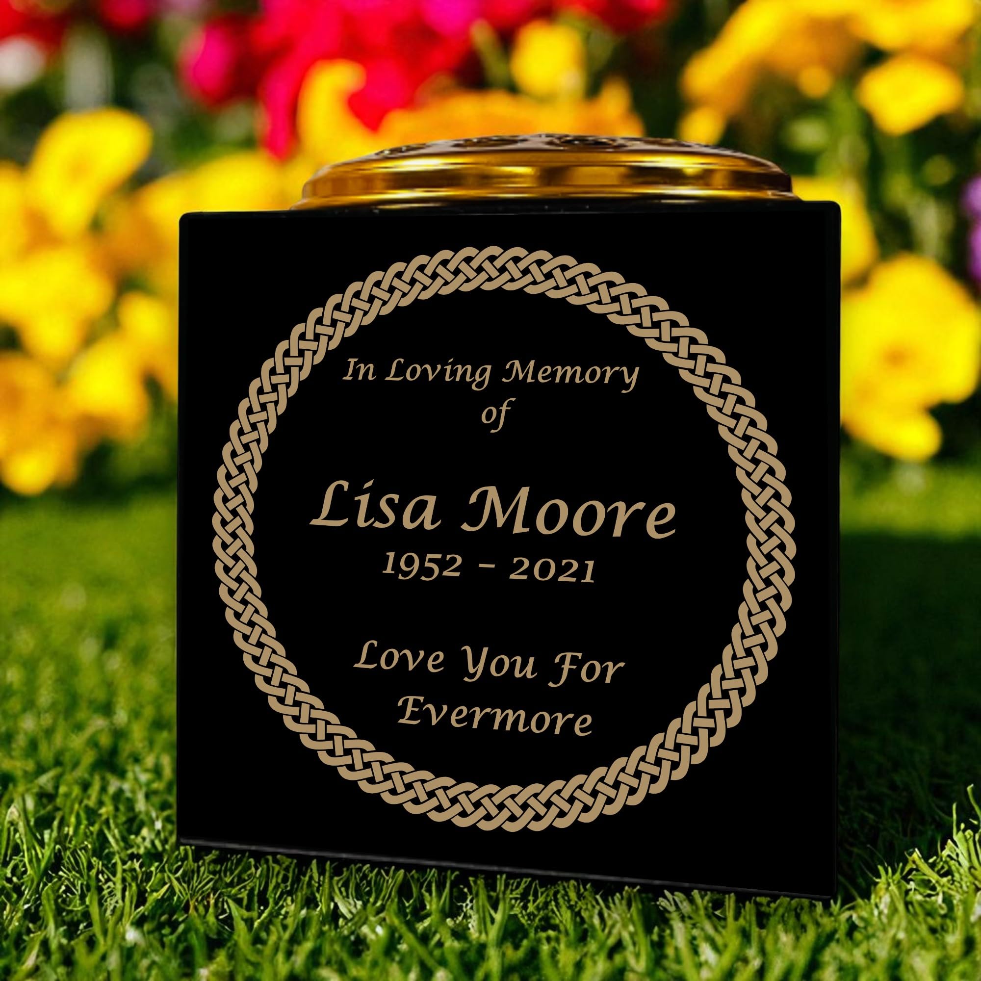 Personalised Granite Memorial Vase- Solid Granite – Celtic Knot 1 Design - Free Gold Engraving and Gold Metal Flower Insert- Best for Outdoor Cemetery Use (6 x 6 x 6)