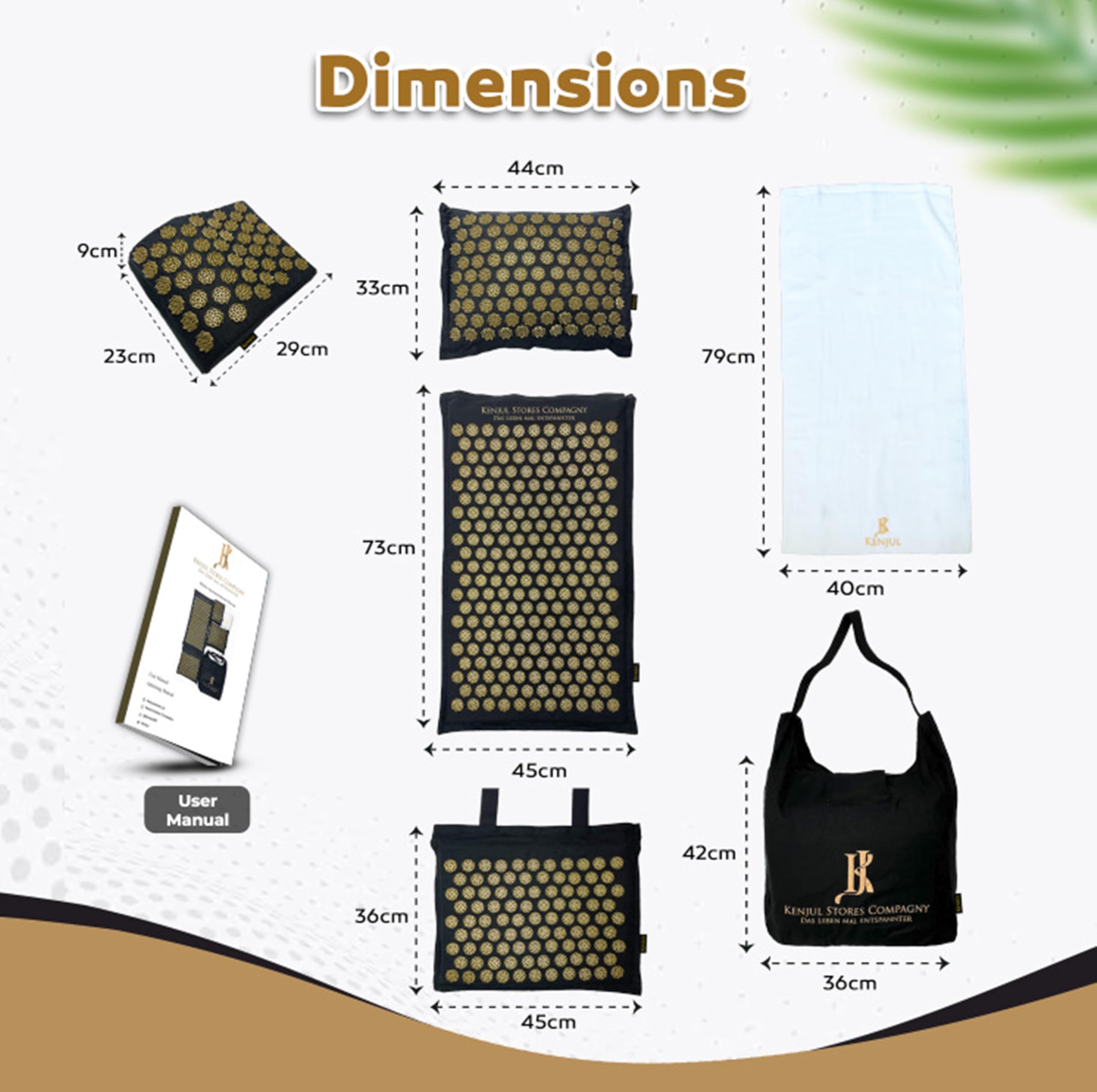 Akupressurmatte XXL (6-teilig) mit ergonomischem Kissen & Wärmfunktion – Ganzkörpermassage zur Linderung von Verspannungen, Rücken- und Nackenschmerzen inkl. Tasche & Anleitung (Schwarz-Gold)