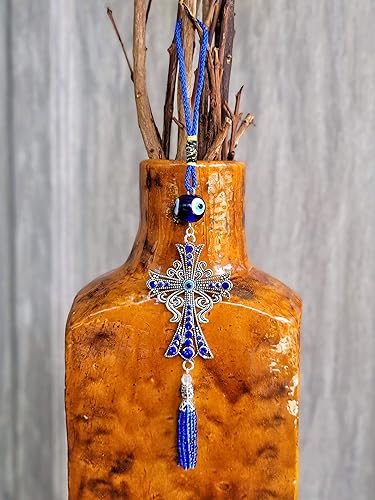 Miniatura 5 de LUCKBOOSTIUM Adorno colgante con dije de cruz con centro de mal de ojo y cristal azul y borlas, letrero para buena suerte, salud y protección