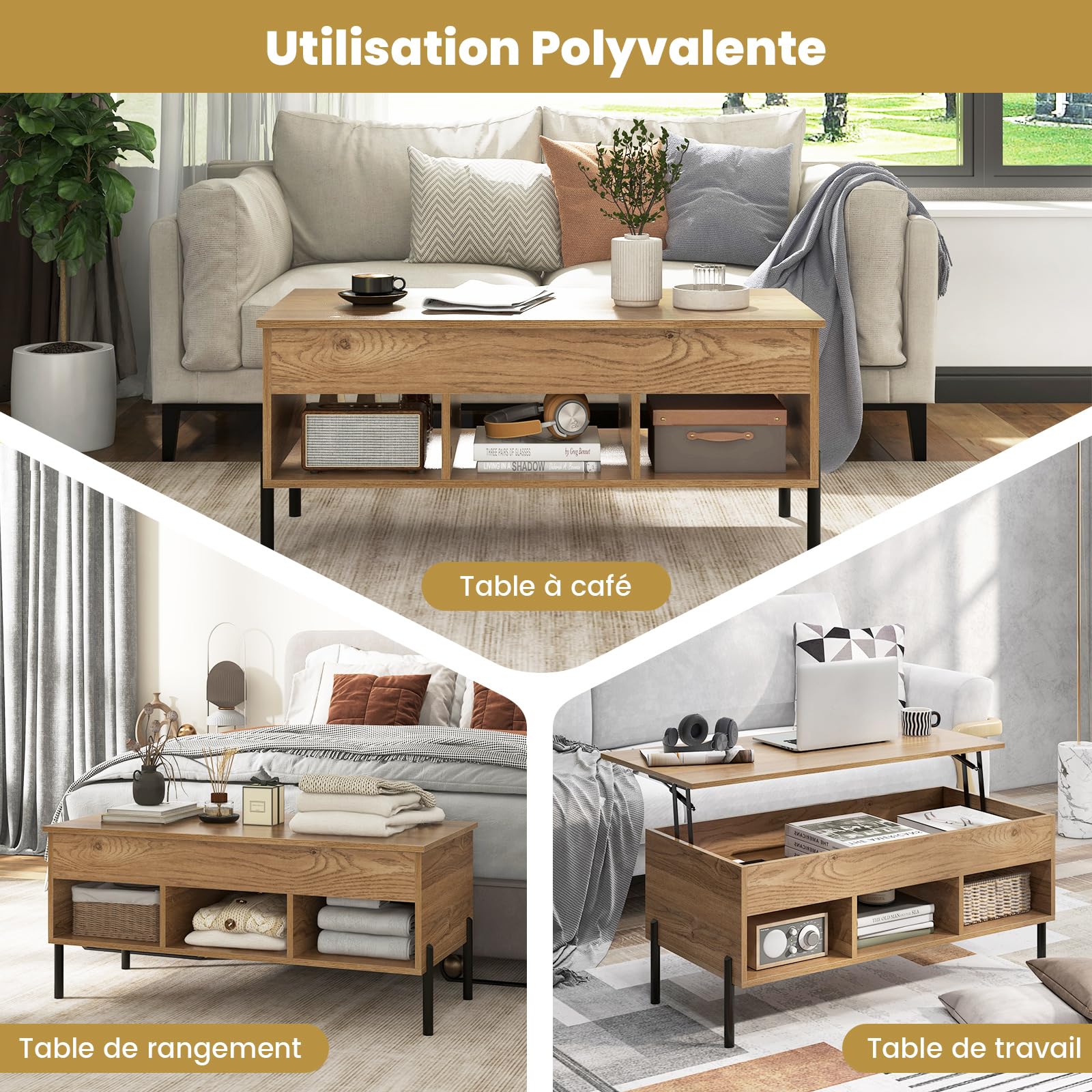 GIANTEX Table Basse Plateau Relevable, Table de Salon avec 3 Compartiments & Rangement Caché & Pieds en Métal, Transformable Moderne pour Bureau,Chambre, 100x50x45cm (Naturel)