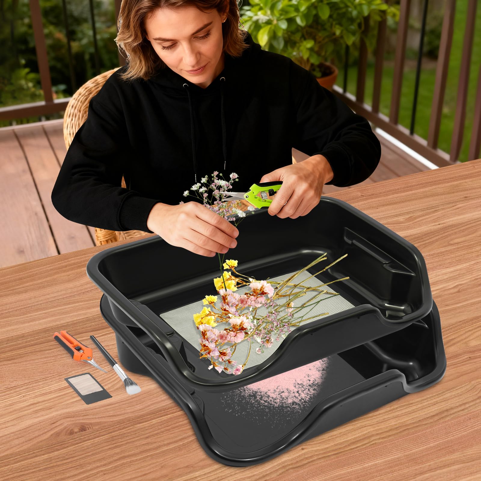 Trim Bin Pro taca do trymowania, z siatką ze stali nierdzewnej o grubości 150 µm, sitko na pyłki z nożyczkami, szczotką, kartą powiększającą i tabletką do czyszczenia ziół, zestaw Trim Bin