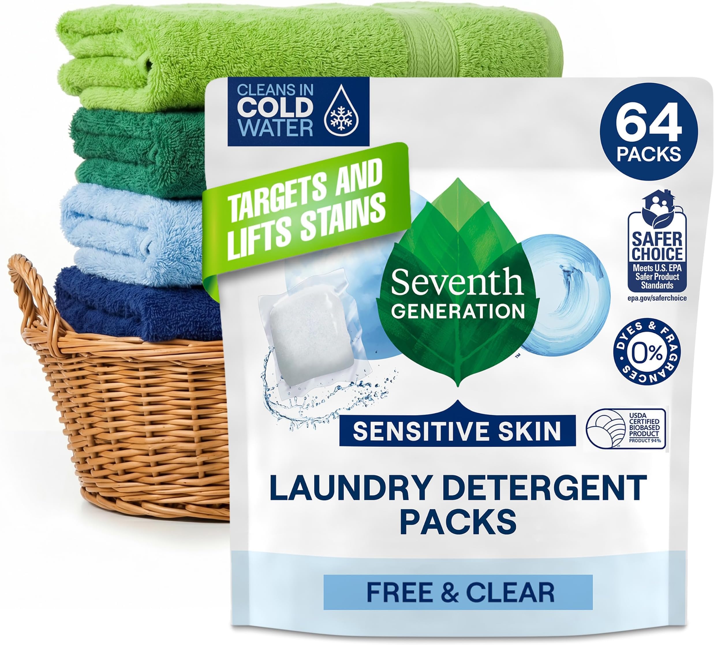 Seventh Generation Laundry Detergent Packs, Free &amp; Clear, Made for Sensitive Skin, EPA Safer Choice Certified, 64 Count (Pack of 6)