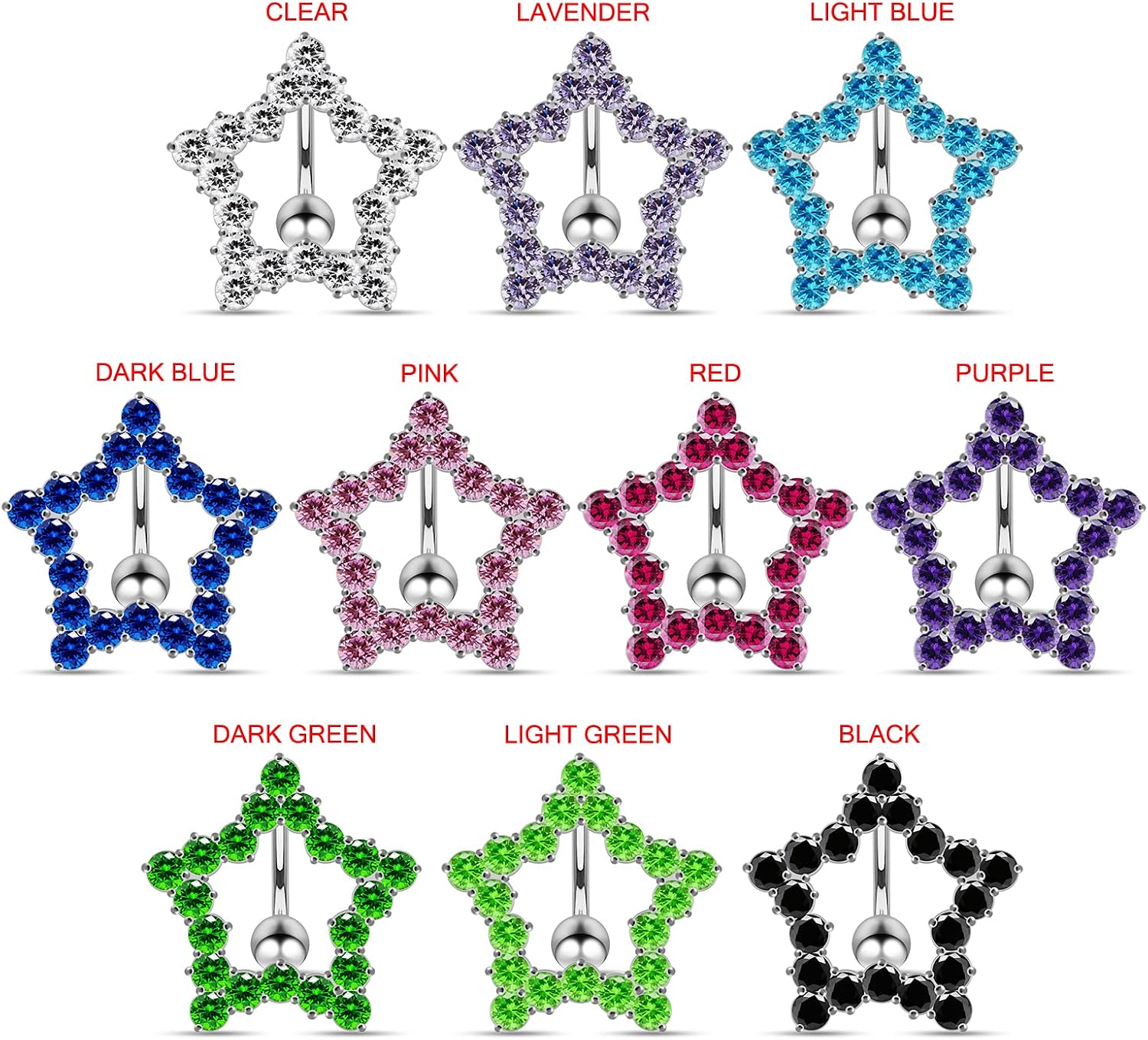 Fancy Cut Out Studded Star Reverse Bar Design 925 Sterling Silver with Stainless Steel Belly Ring - Belly Button jewelry - Navel jewelry