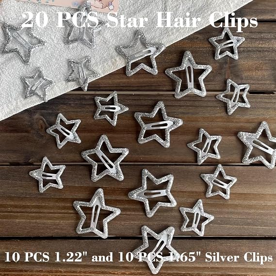 20 PCS Sparkling 1.22 and 1.65Star Hair Clips Snap Hair Accessories Non Slip Clips for Girls Women Y2K Accessories Silver Metal Hair Clip Hair Barrettes