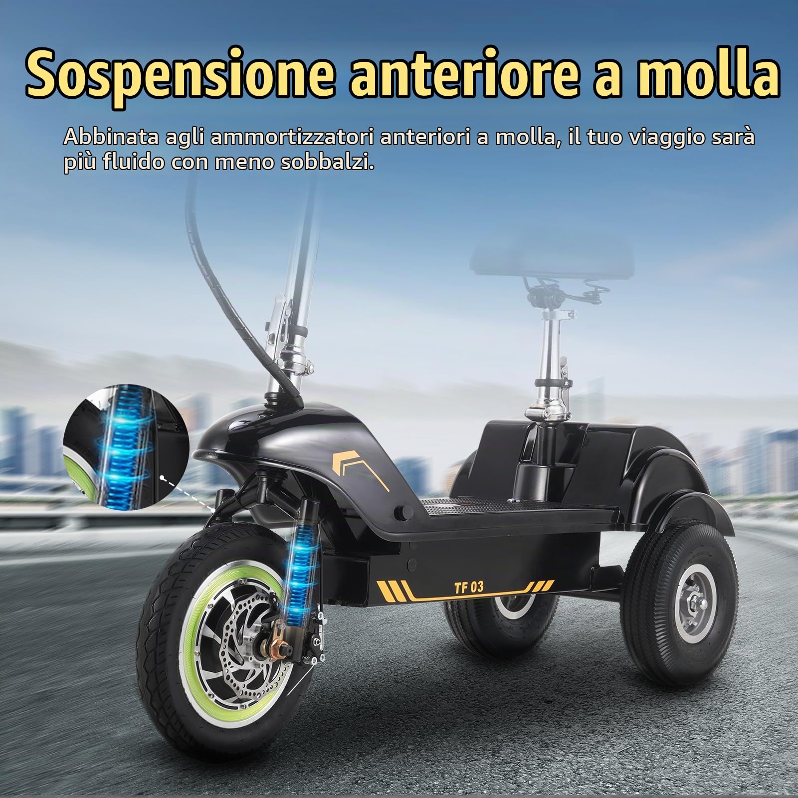 TWOFISH Triciclo Elettrico per Adulti, Batteria da 48V 15Ah, Pneumatici da 12 Pollici Autonomia 38 km Massima 25 km/h, Carico 100 kg, TF-03 (Nero e Giallo)