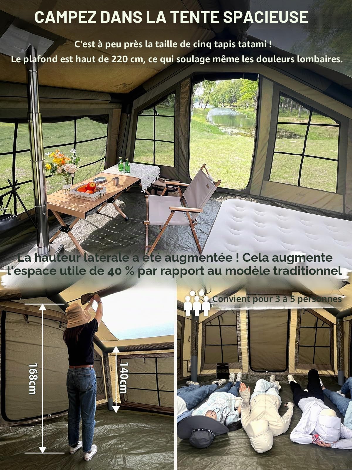 TOMOUNT Grande tente gonflable pour 6 personnes, 300D imperméable en polyester avec sac de rangement et pompe à air, tente de camping pour l'extérieur, le camping, la randonnée