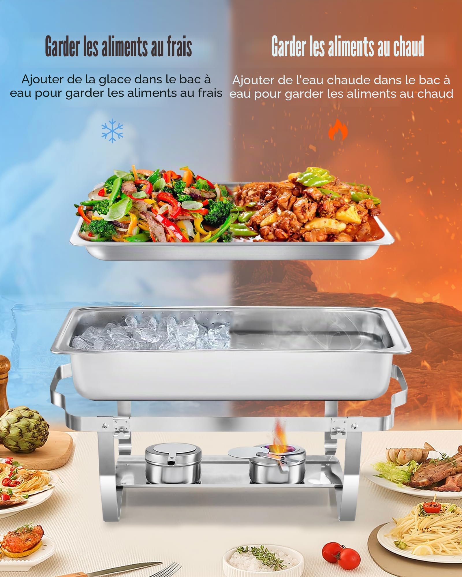 Chafing Dish Buffet 9L[Robuste et Durable], Lot de 2 récipients de Maintien au Chaud en Acier Inoxydable (Design à Bord roulé) Chauffe-Plats pour Traiteur, Buffet et fête - Silver Square