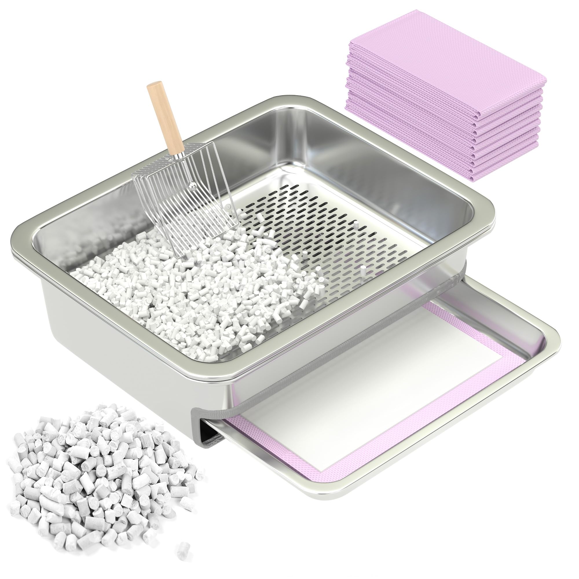 Dual-Layer Stainless Steel Cat Sifting Litter Box - Odor Control Tray with Zeolite Litter Pellets, Includes Scoop, Pads & Trays