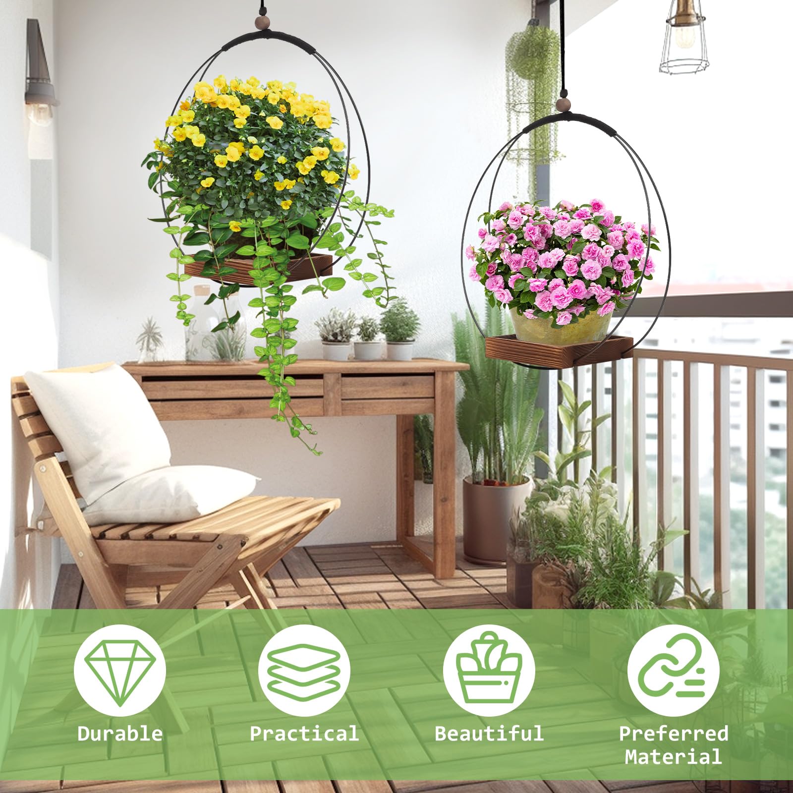 mumisuto 2 Piezas Maceta Colgante Interior con Base de Madera, Macetero Colgante Boho, Macetas Colgantes para Plantas Pequeñas y Medianas, para Interior y Exterior Decoración del Hogar (Negro 1)