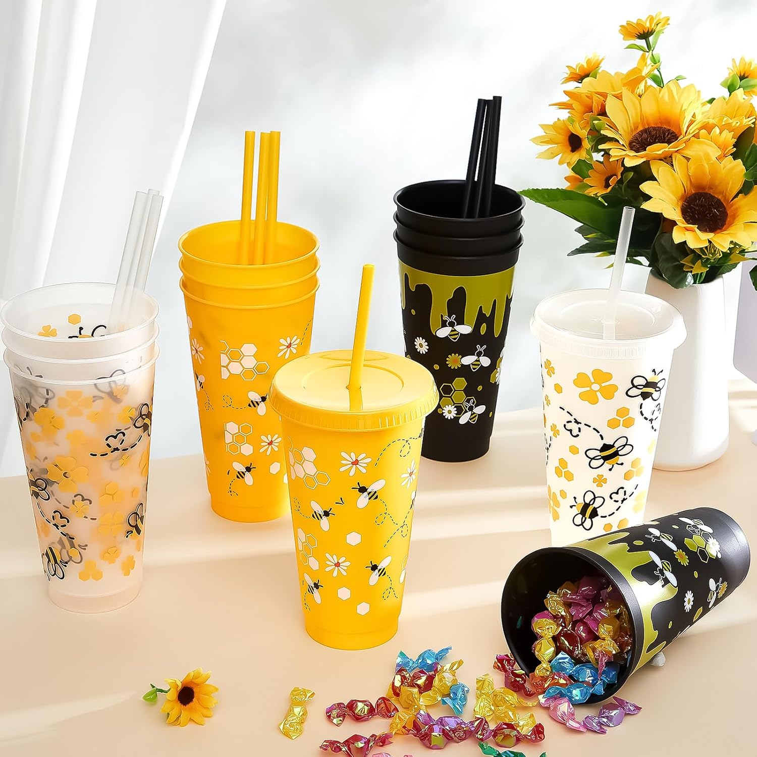 Uiifan 24 Pcs Honey Bee Theme Cups 24oz Reusable Party Plastic Tumbler with Lid and Straw - Bee Birthday Party Decorations Thanksgiving Christmas Gifts