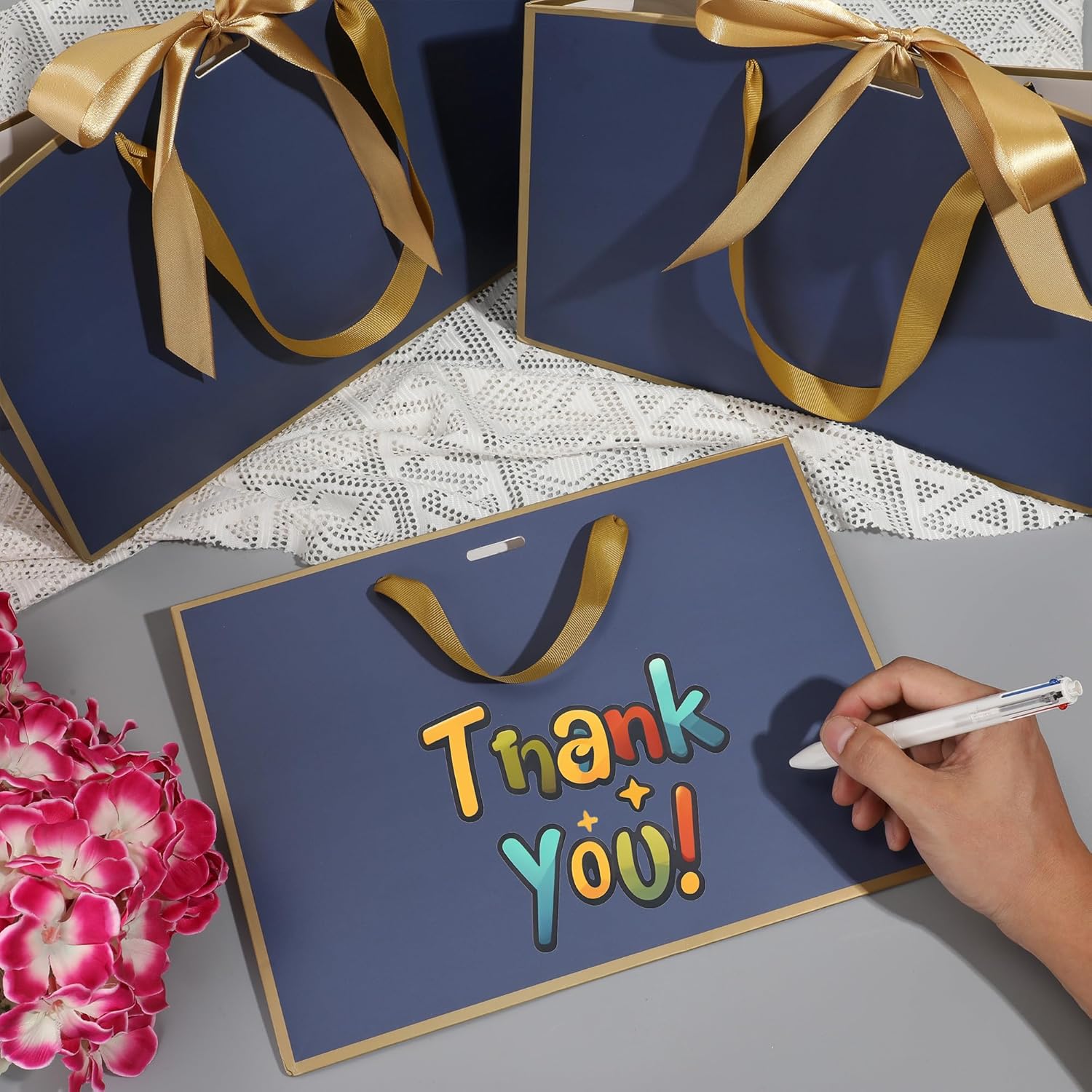 STOBOCTER 12 Pcs Thank You Gift Bags with Handles 12.6x4x9.1'' Welcome Bags Return Gifts with Bow Ribbon for Graduation Wedding Bridesmaid Father's Day Baby Shower Birthday Party(Navy Blue, Gold) - Image 3