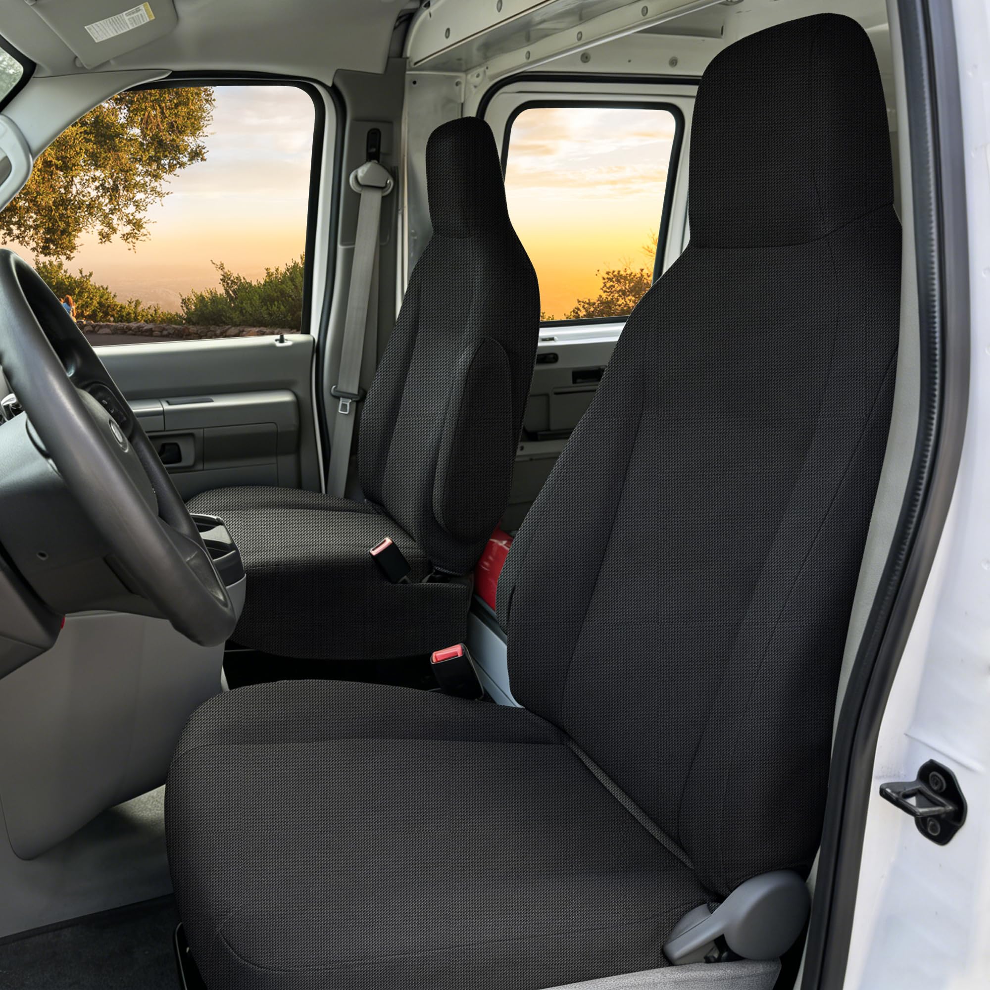 Photo 1 of EDIETH Custom Fit Front Seat Covers for Ford E150 E250 E350 Van 2009-2023 High Back Bucket Seats Heavy Duty Oxford Fabric Protection Molded Headrest Compatible - Black