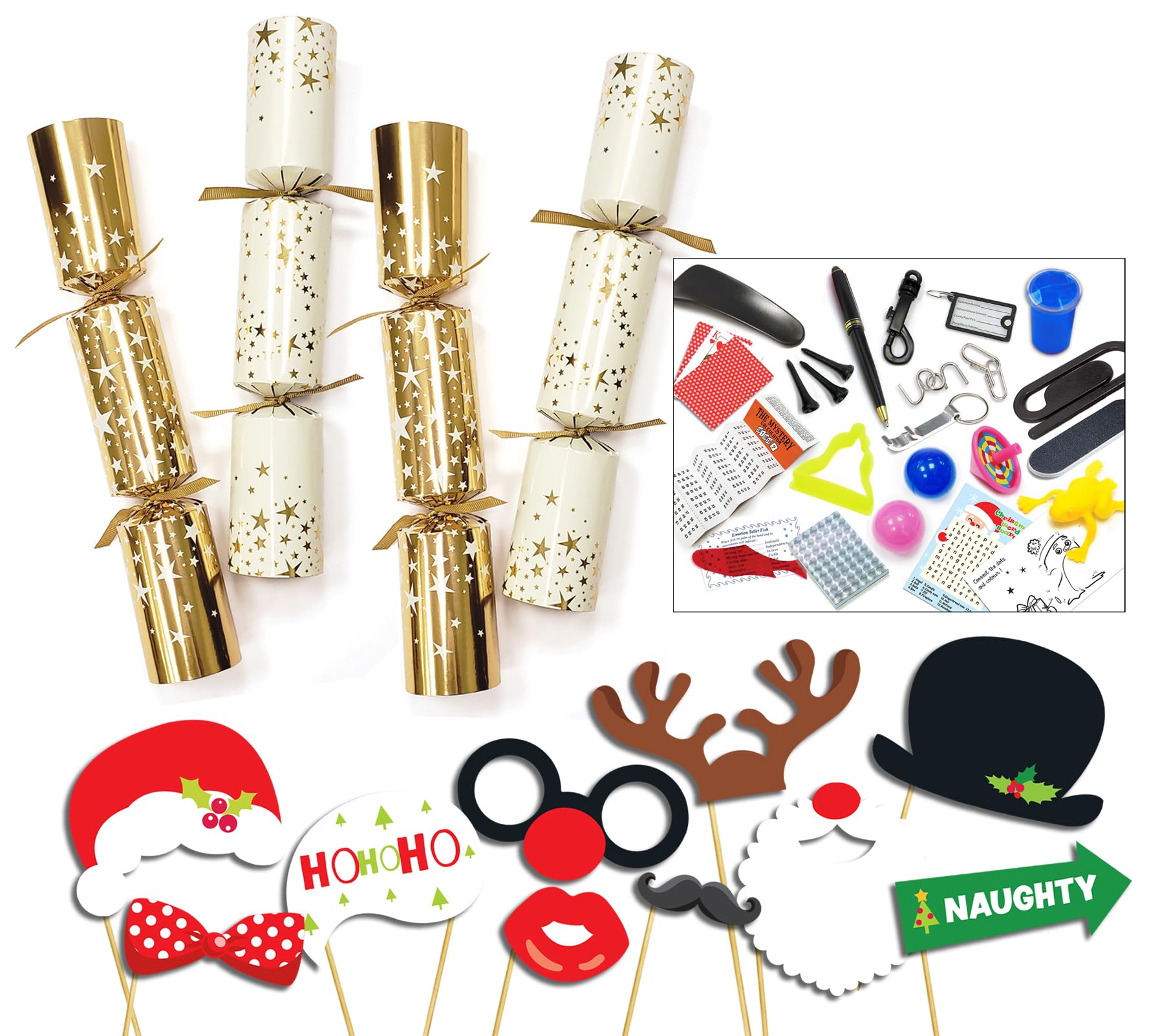 Diamond Christmas Cracker Boys Gold & Cream Diamond 50 X 12'' Stars Catering Christmas Crackers With Premium Content + 50Pcs Of Party Photo Booth Props On Sticks (C4481-2022)