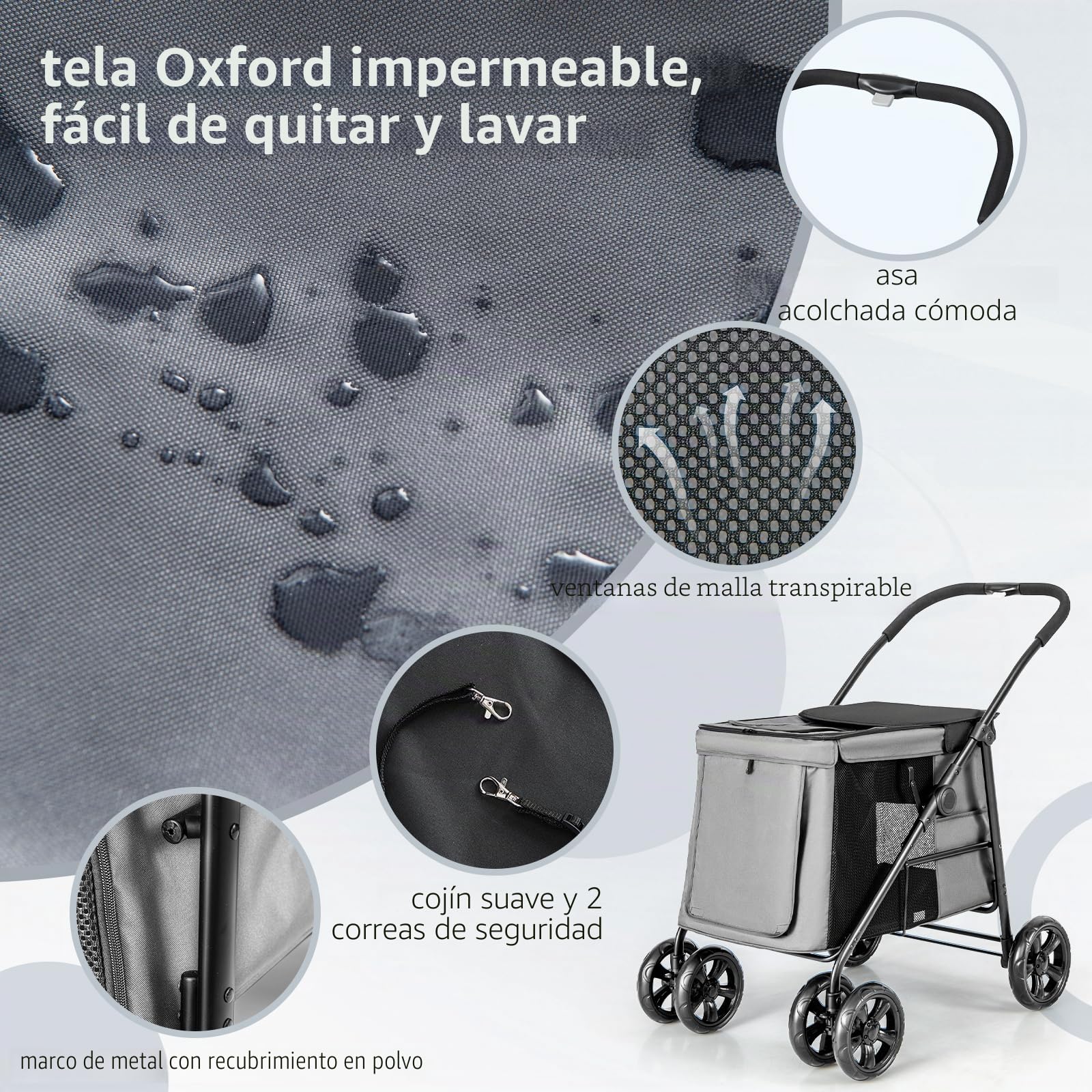 GOPLUS Cochecito para Mascotas para Perros y Gatos de Hasta 40KG, Cochecito Plegable con Cojín Suave, Ventana de Malla y 2 Entradas, Transportador para Perros con Ruedas Universales y Asa, Gris