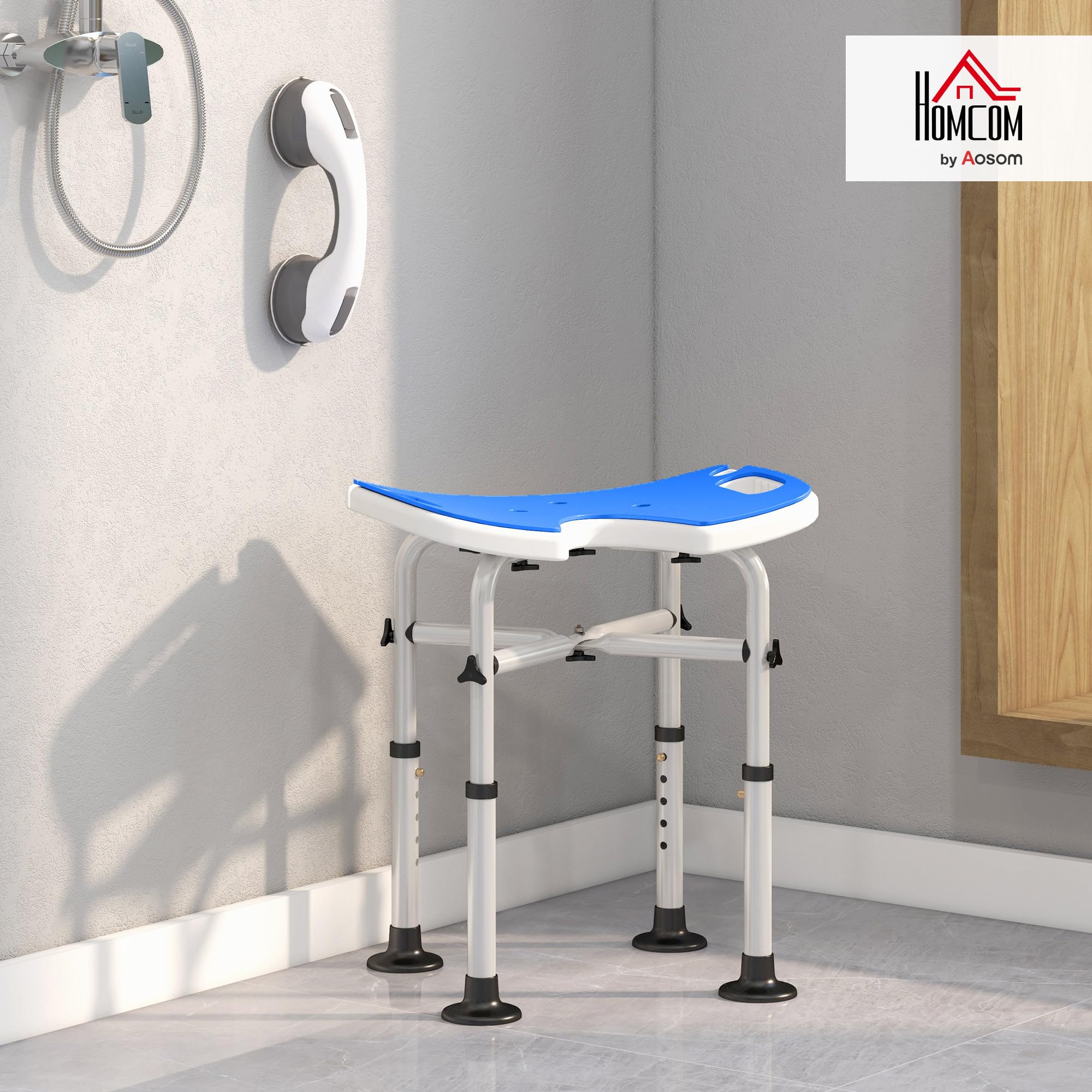HOMCOM Sgabello da Doccia Regolabile in Altezza con Maniglione a Ventosa, Sedia da Doccia per Anziani e Disabili con Seduta Imbottita a U e Piedini Antiscivolo, Blu Scuro