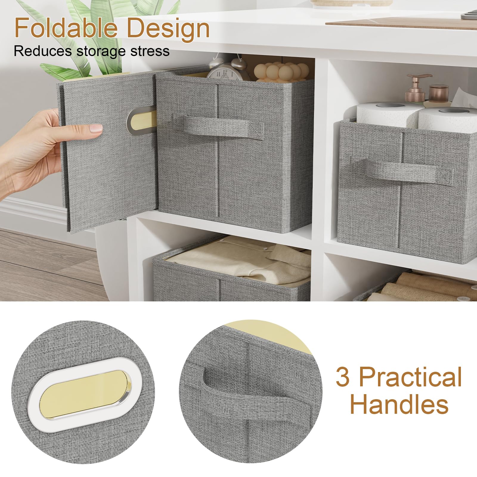 Caja de Almacenamiento con Manija Metálica,38x25x25cm,Gris,4 Piezas | Cesta de Almacenaje con Placa de Soporte PP,Organizador de escritorio con Mango,Lavable Caja para Armario Abatible de Tejidos