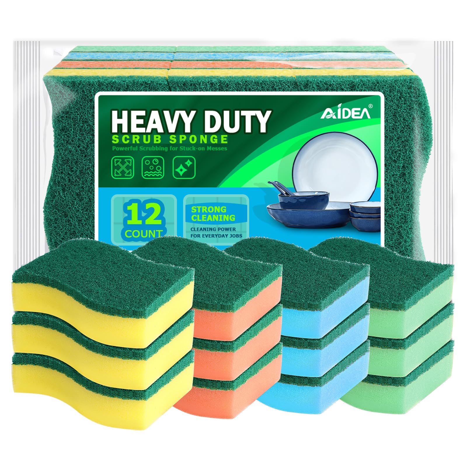 Aidea Sponges Kitchen, 12 Pack Heavy Duty Dish Sponge, Cleaning Dish Scrubber Sponge For Home And Kitchen, Stink-Free Cleaning Supplies For Pots, Pans
