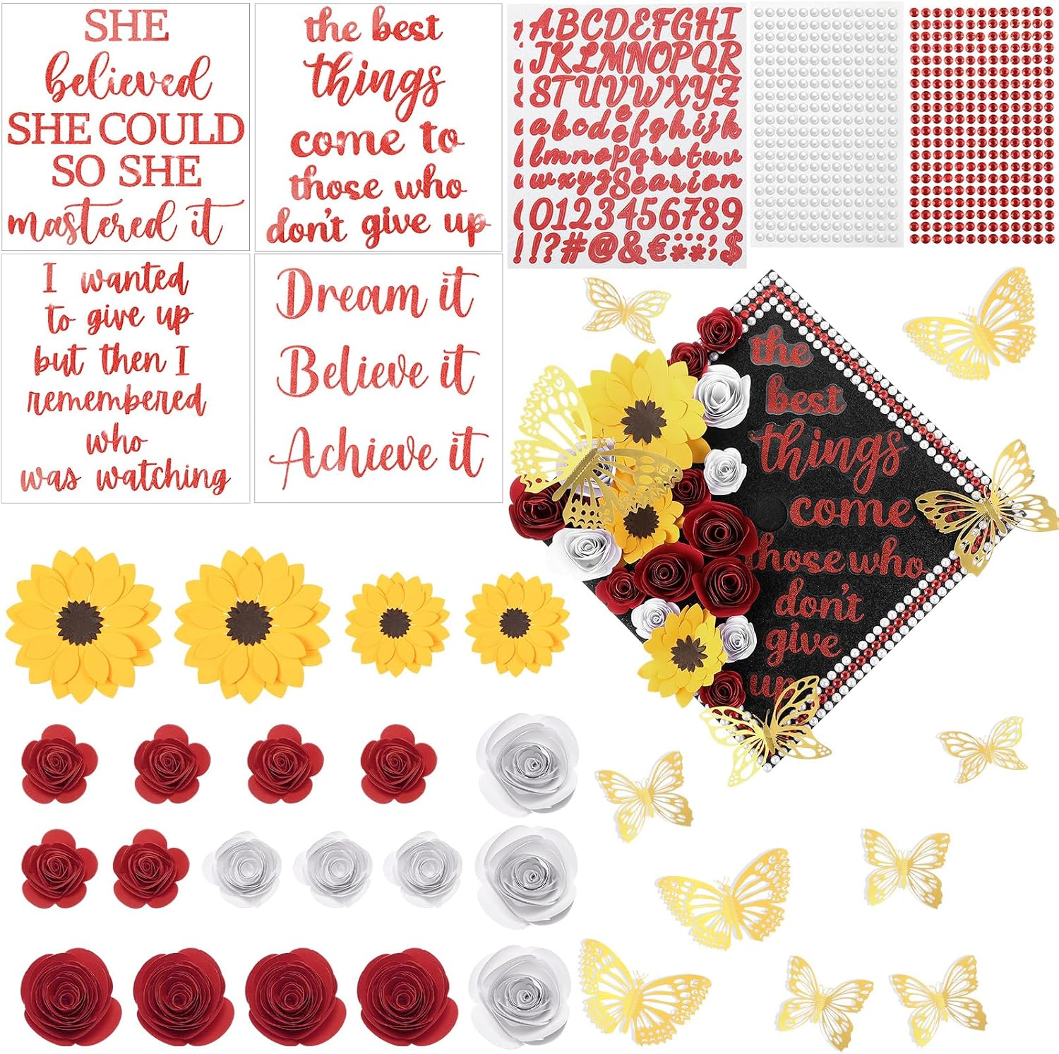 Gersoniel 40 Pcs Hand Made DIY Graduation Cap Decorations Accessory Kit with Paper Flower Heads Graduation Quote Glitter Stickers 3D Butterfly Rhinestones for DIY Hat Grad Cap Topper Decor(Pink)