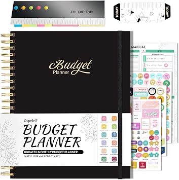 Ospelelf Budget Planner - Monthly Budget Book with Expense Tracker Notebook, Undated 12 Month Bill Organizer & Finance Planner, A4 Account Book with 12 Index Pockets, Zipper Pouch, StickersBlack