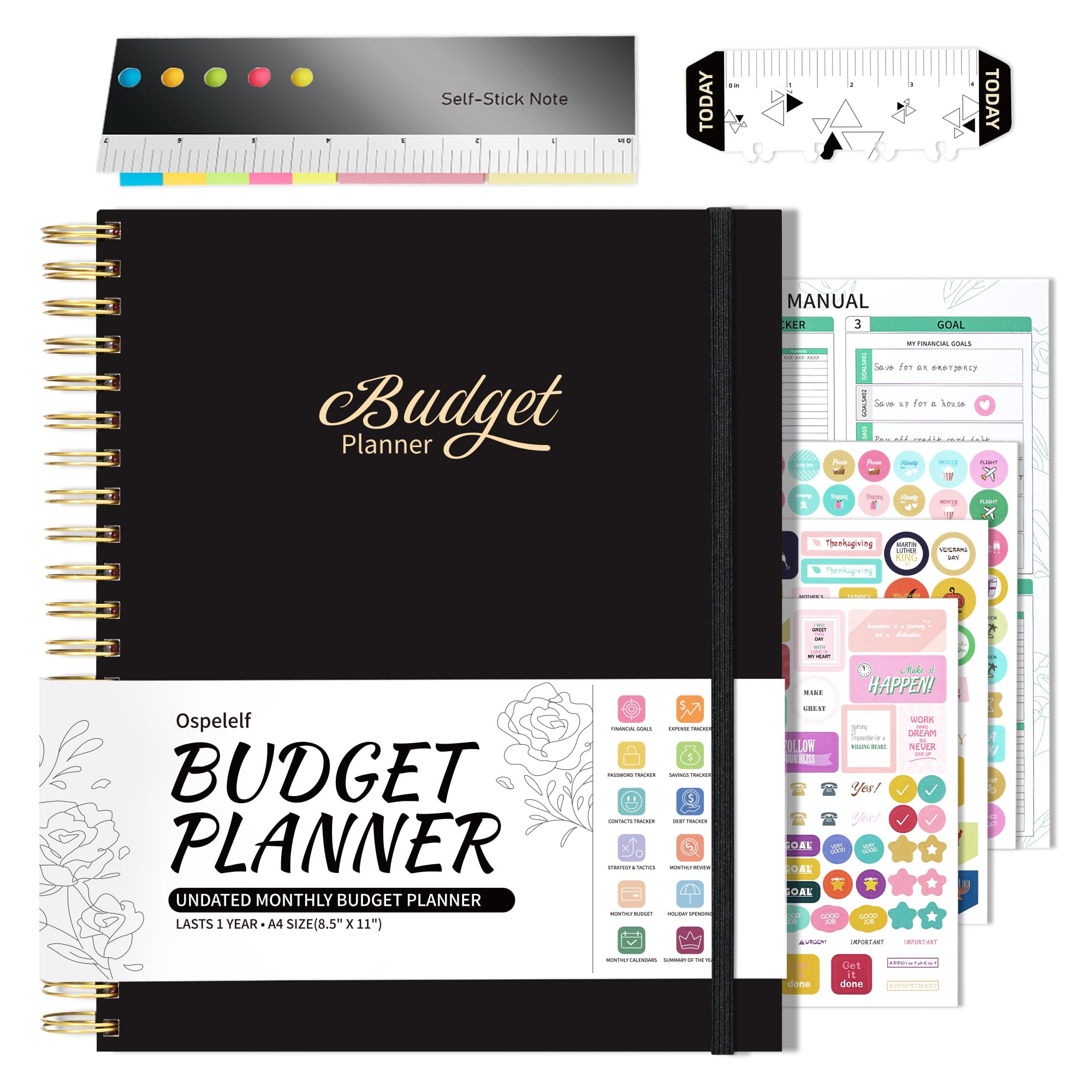 Ospelelf Budget Planner 2025, Spiral Budget Planner And Monthly Bill Organizer With Stickers, 8.5 X 11" Financial Planner Expense Tracker, Undated Budget Book With 12 Pockets & Zipper Pouch(Black)