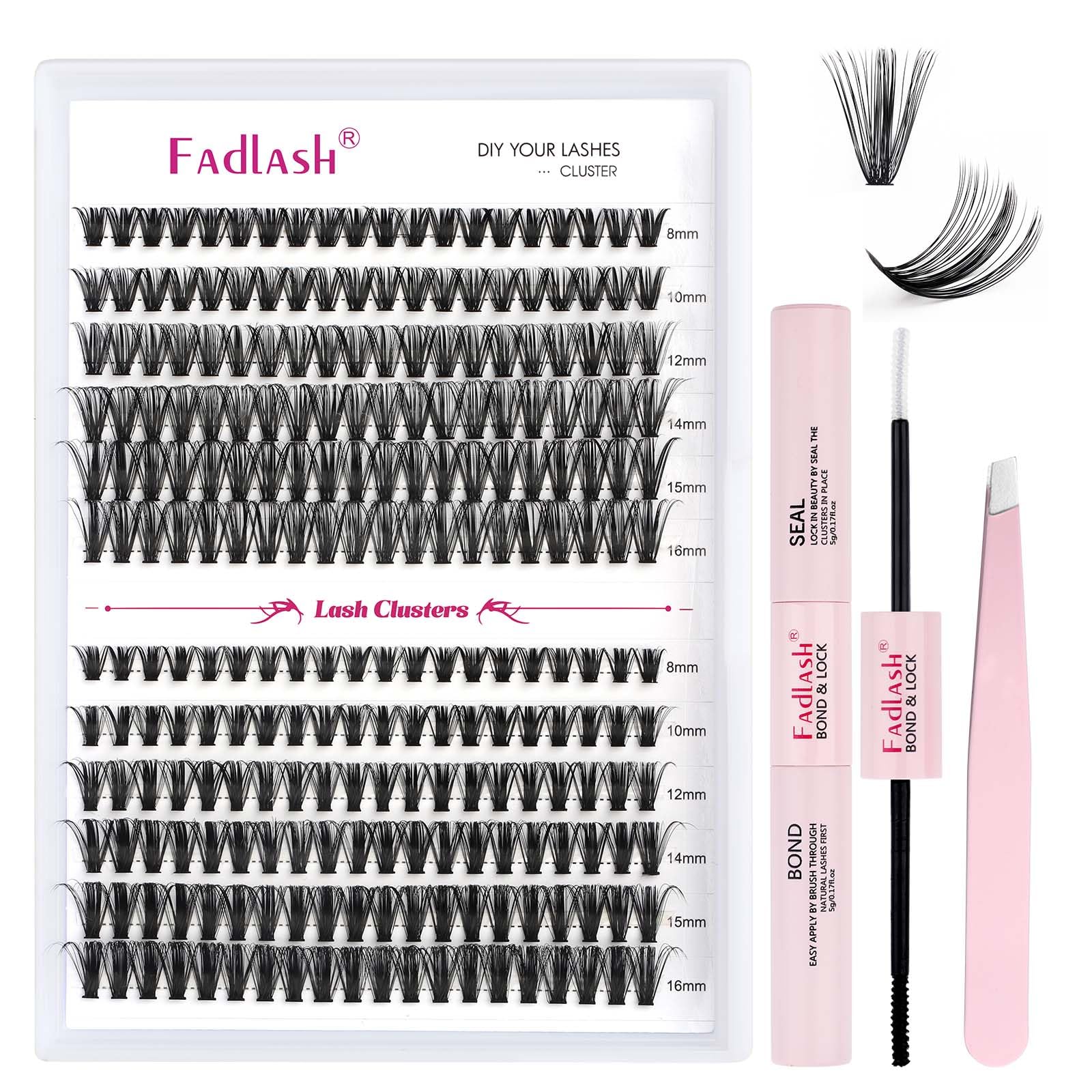 FADLASH Kit di Extension Ciglia a Ciuffetti da 40D e 50D, 240pcs Ciglia Finte Naturali da 0,07mm Curva D 8-16mm， Bond and Seal, Pinzette per Lash Cluster, DIY a Casa Saloni