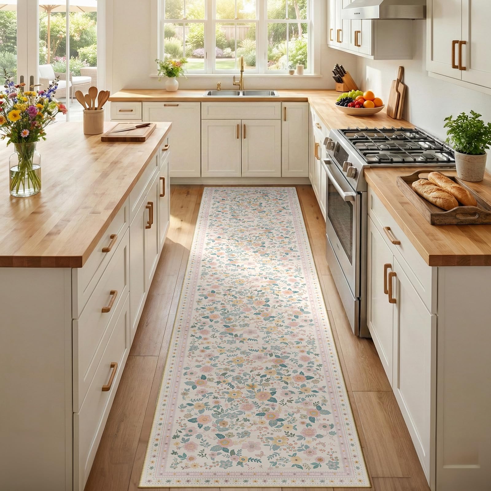 INOVADAY Machine Washable Rug 60x300 cm Non-Slip Low Pile Floral Print Runner Area Rug for Hallway Kitchen Entryway Bedside Living Room Bedroom Light Beige