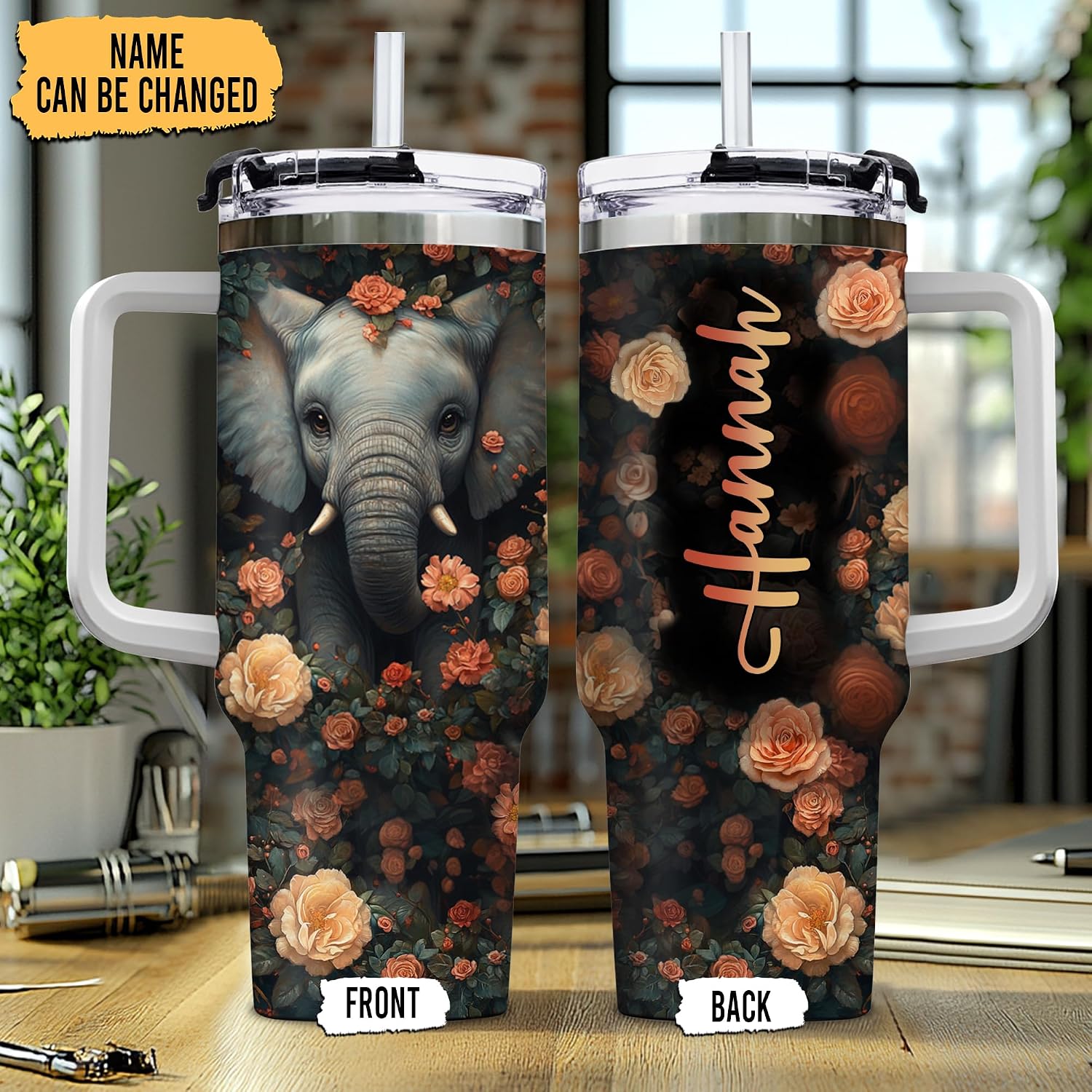 Hyturtle Personalized Elephant Gifts for Women, Floral 40oz Tumbler with Handle and Straw, Best Birthday Christmas Gift Ideas for Girls, Friends Custom Name Stainless Steel Travel Cup With Lid