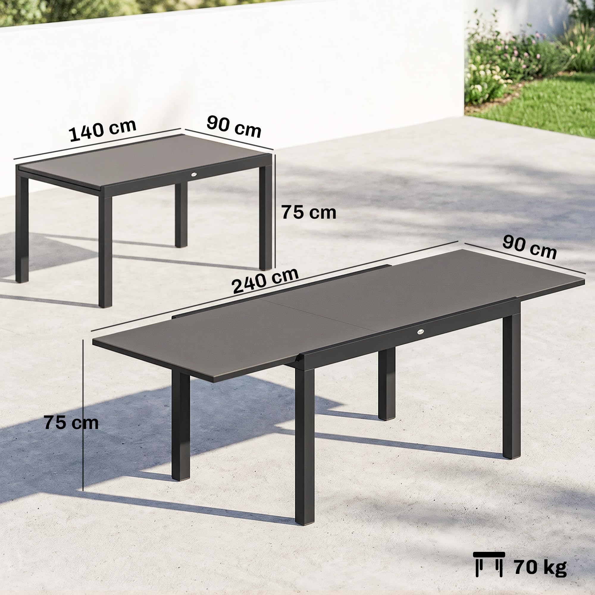 Outsunny Tavolo da Giardino Allungabile per 8-10 Persone 140/240x90 cm, Tavolo da Pranzo Estensibile Rettangolare con Piano in Vetro Temperato, Tavolo da Esterno per Patio Terrazzo Balcone, Nero