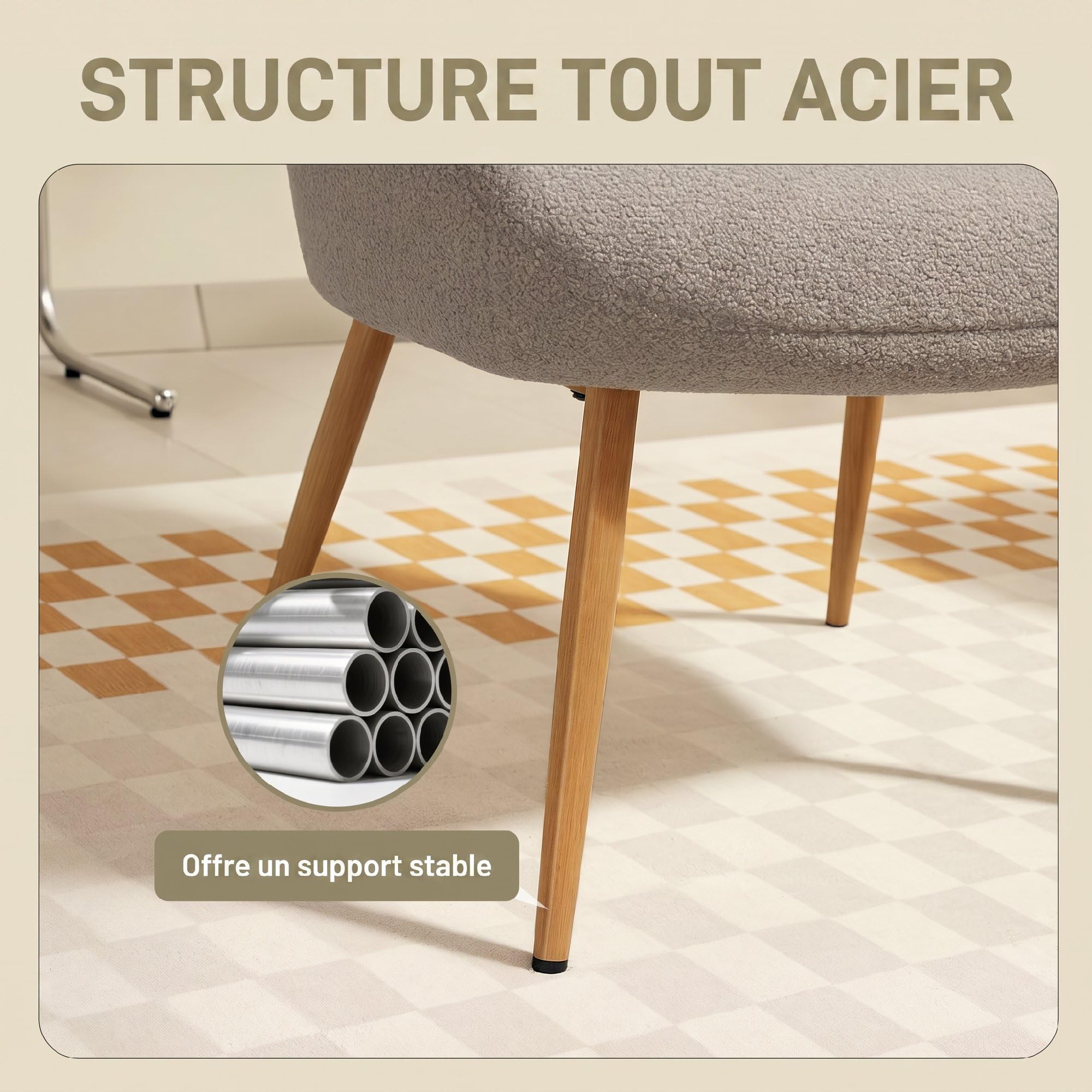 HOMCOM Sillón tapizado en Tela Boucle con Estructura de Acero Gris | Sillón de acento, respaldo alto, reposabrazos, para salón, dormitorio, rincón de lectura