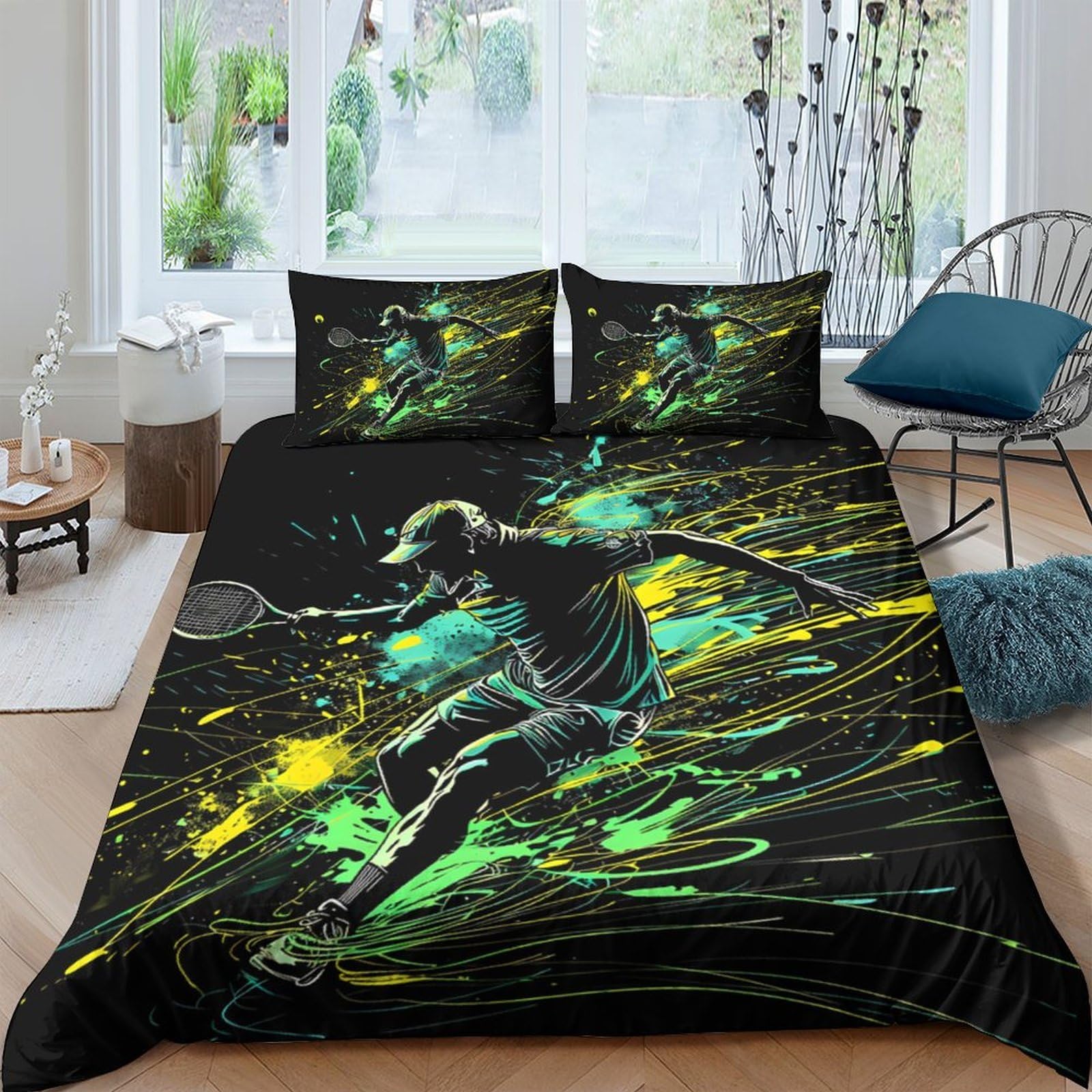 GPLZQXKJNH 3D Printed Football Player Duvet Cover Microfiber Soft Breathable Neon Splash Bedding Set with 2 Pillowcases for Bedroom Decor Single（135x200cm）