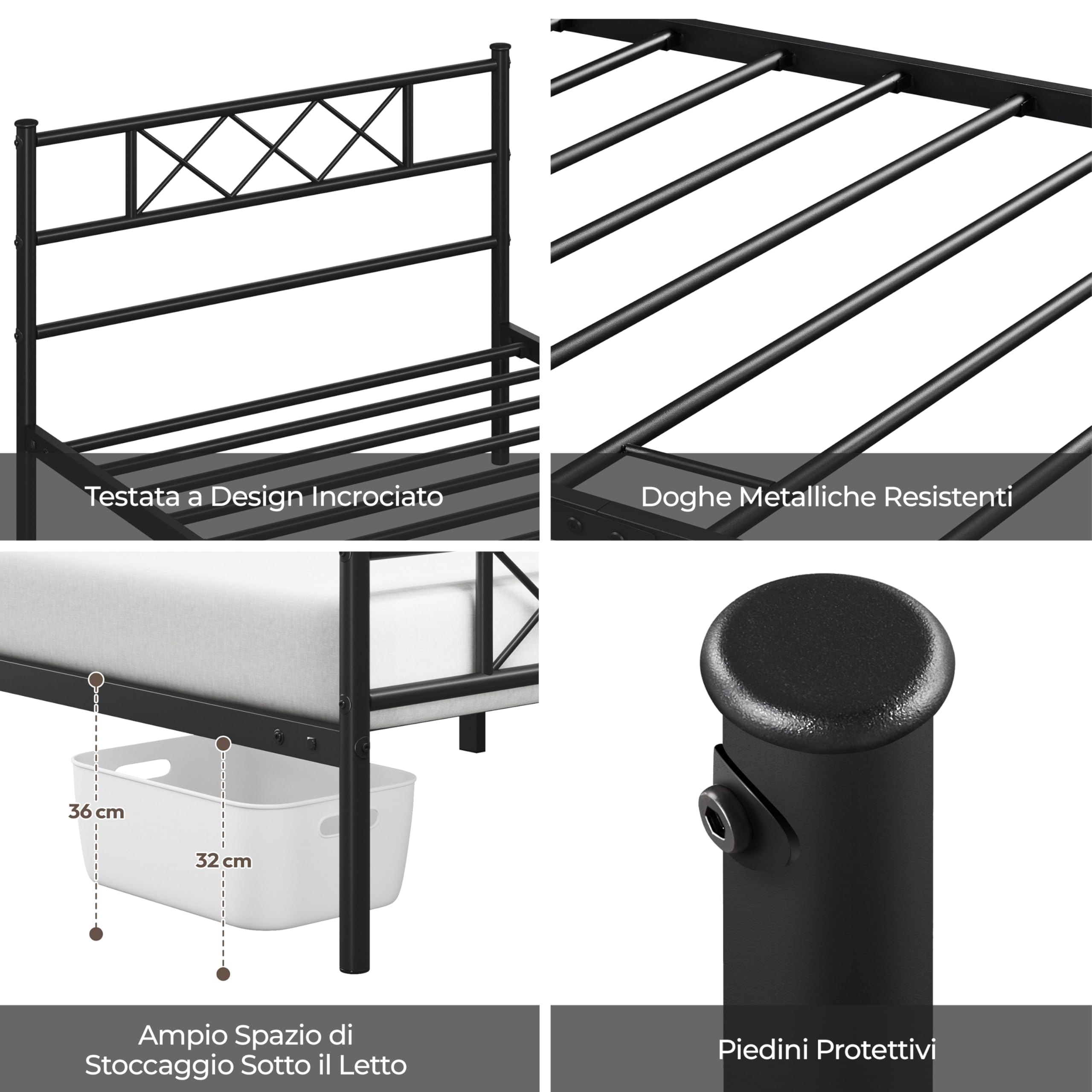 Yaheetech Struttura Letto Singolo in Metallo Ferro con Testiera a Forma di X Telaio con Rete a Doghe per Camera Dormitorio 90 x 190 cm Nero