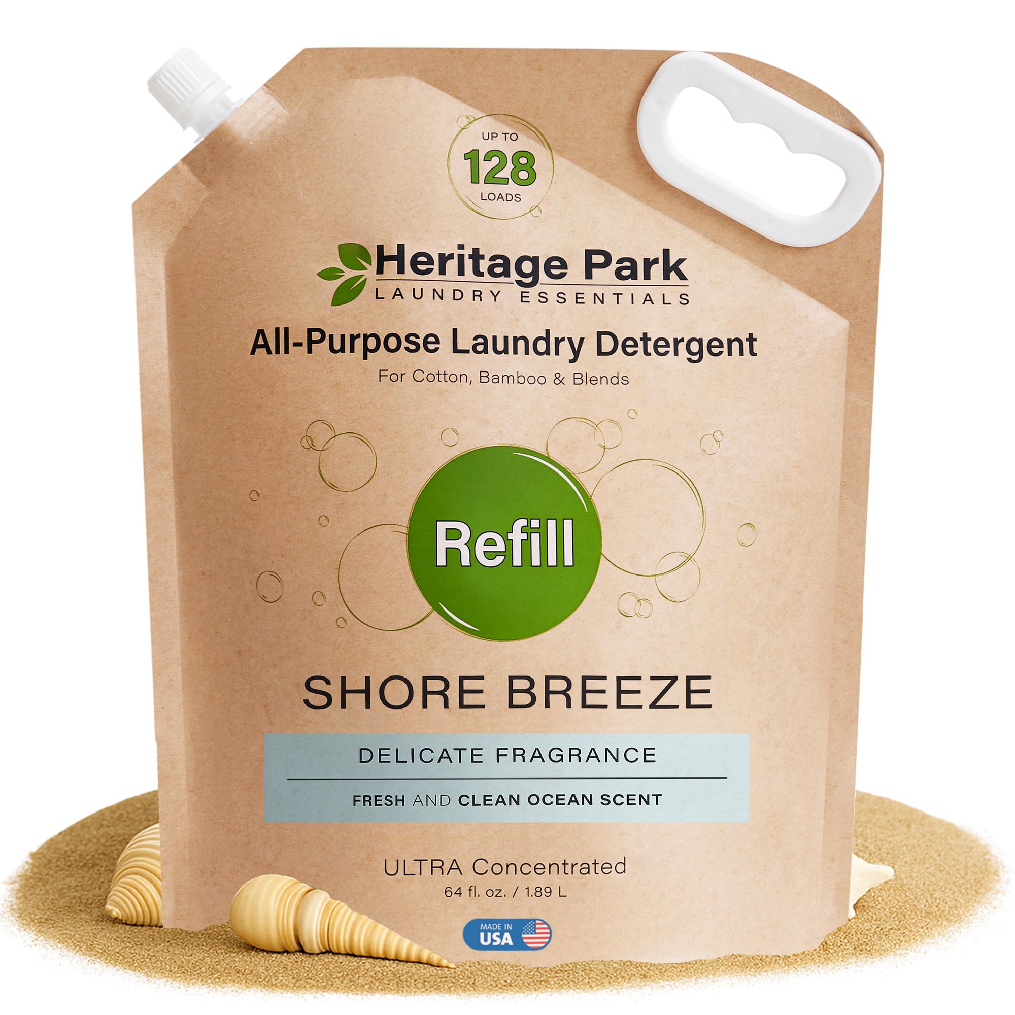 Heritage Park All-Purpose Shore Breeze, Lightly Scented, pH-Neutral Laundry Detergent - Stain-Fighting Enzymes, Ultra Concentrated (64 fl oz Refill