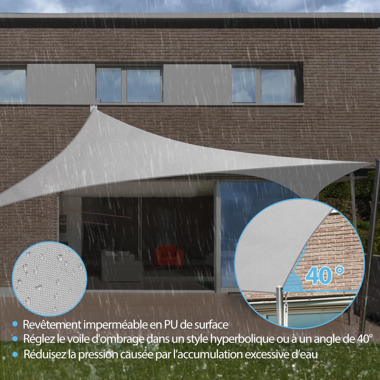 Voile d’ombrage Imperméable & Anti-UV 3x4m, Auvent de Terrasse en Tissu Oxford 420D Épais, Résistant aux Intempéries pour Jardin et Terrasse