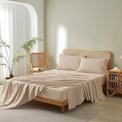 Miniatura 8 de LifeTB Tan Gingham - Juego de sábanas tamaño Queen, transpirables, suaves, color beige, gris topo, sábanas a cuadros 100% algodón lavado con