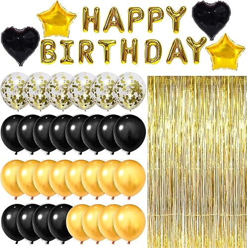 Juego de 49 piezas de decoración de cumpleaños de color negro y dorado, globos, cortina con flecos dorados y pancarta de feliz cumpleaños de 16