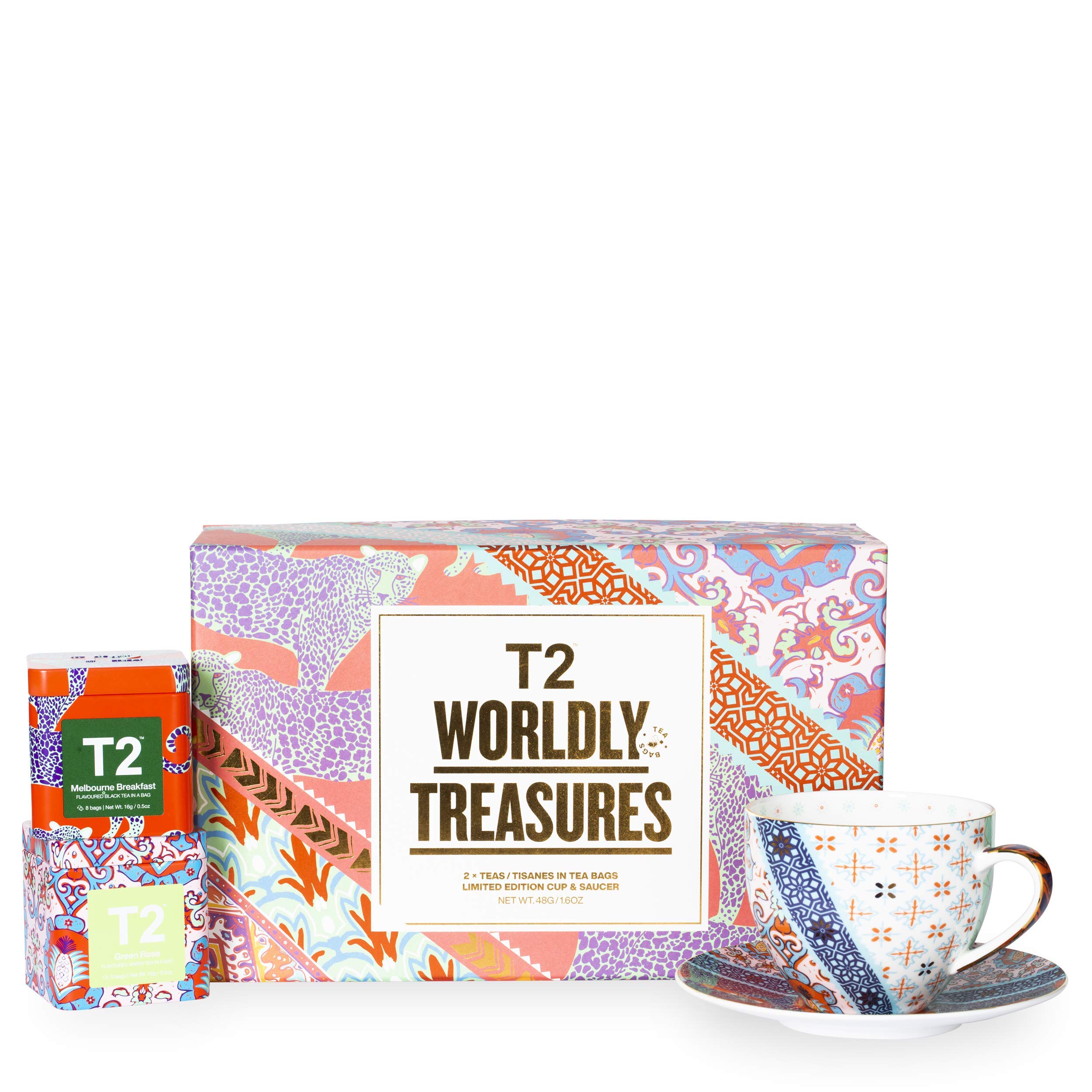 T2 Tea and Teaware Giftpack Wordly Treasure, Fine Bone China Cup and Saucer with 2 Mini Limited Edition Teabag Tins, Green Rose