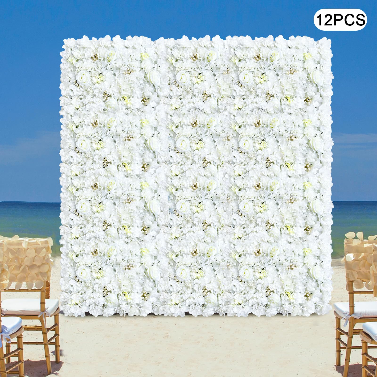 12 Stücke Künstliche Blumenwand Panel 60×40cm, DIY Seidenblumen Kunstblumen Wanddekorationskulisse für Hochzeit Dekor Party Hintergrund (Weiß Rose+Dahlie)