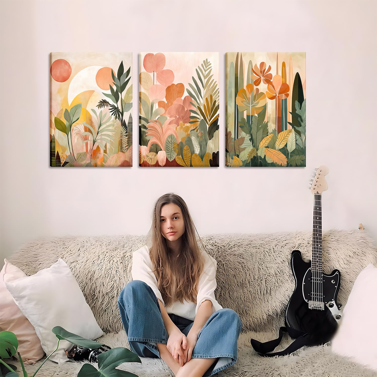 Amazon.co.jp: ボヘミアンフラワーキャンバスウォールアート3枚