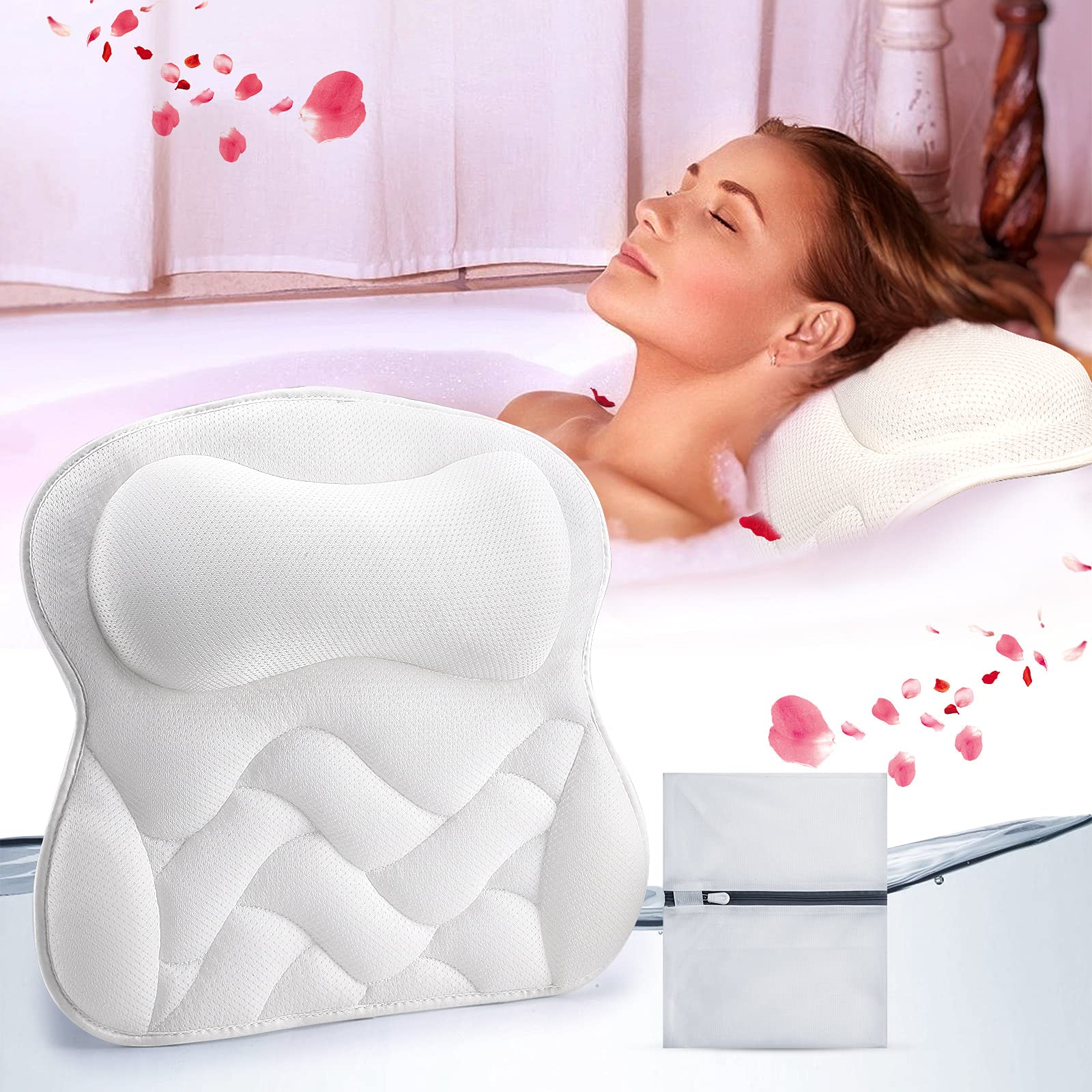 5D Bath Pillow with 5D Ultra Soft Air Mesh Thechnology and 6 Non Slip Suction Cups, Bathtub Spa Pillow Cushion Supports Head Neck Back Fits All Bathtub, Hot Tub and Home Spa(Comes with Laundry Bag)